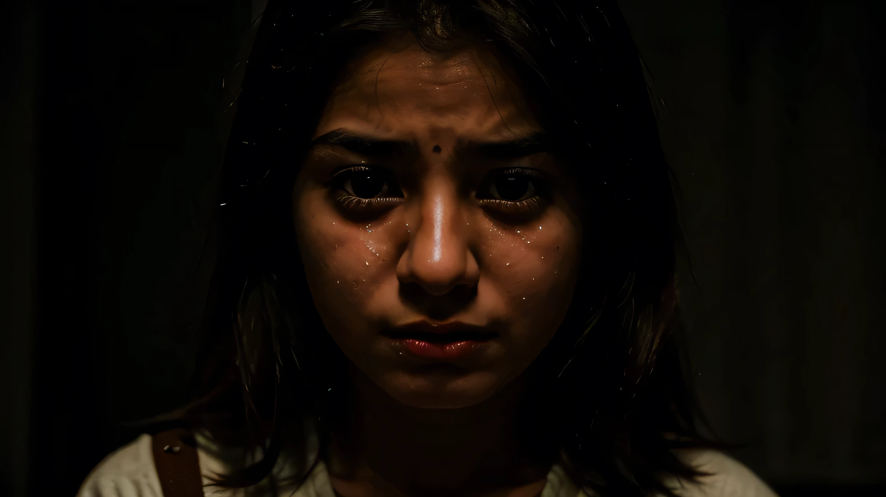 Young Iranian girl with worried and frightened face realistic crying in dark room