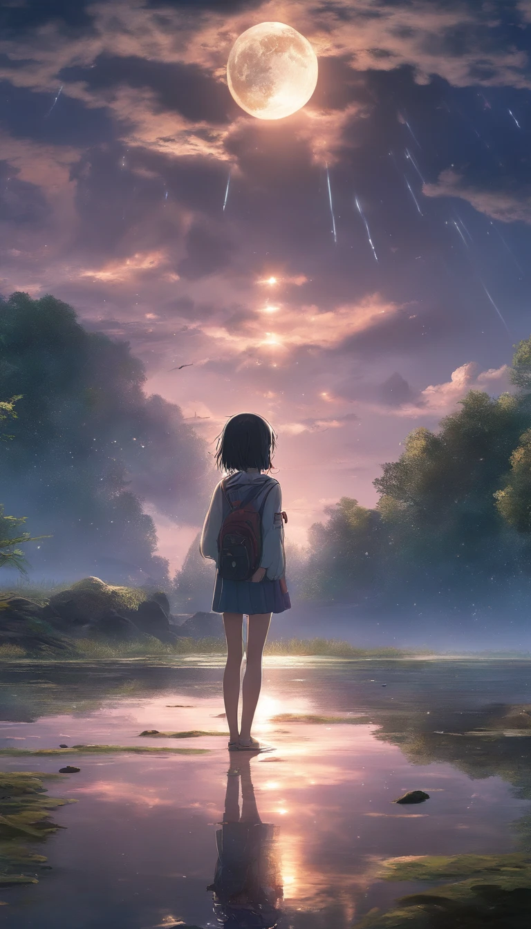 1 girl, eye, close, Beautiful night sky, Meteors, Beyond the Clouds, Surrounded by water, reflection, Wide Angel, Breathtakingly beautiful clouds, Wide-angle, by makoto shinkai, Thomas Kinkade, James Gillard, From holosomnialandscape, High resolution, Volumetric lighting, Ray Tracing, Complex, Attention to detail, Very detailed, Deviant Art, 4K portrait wallpaper,, colorful, Airy, Anime illustration, anime nature wallpapers
