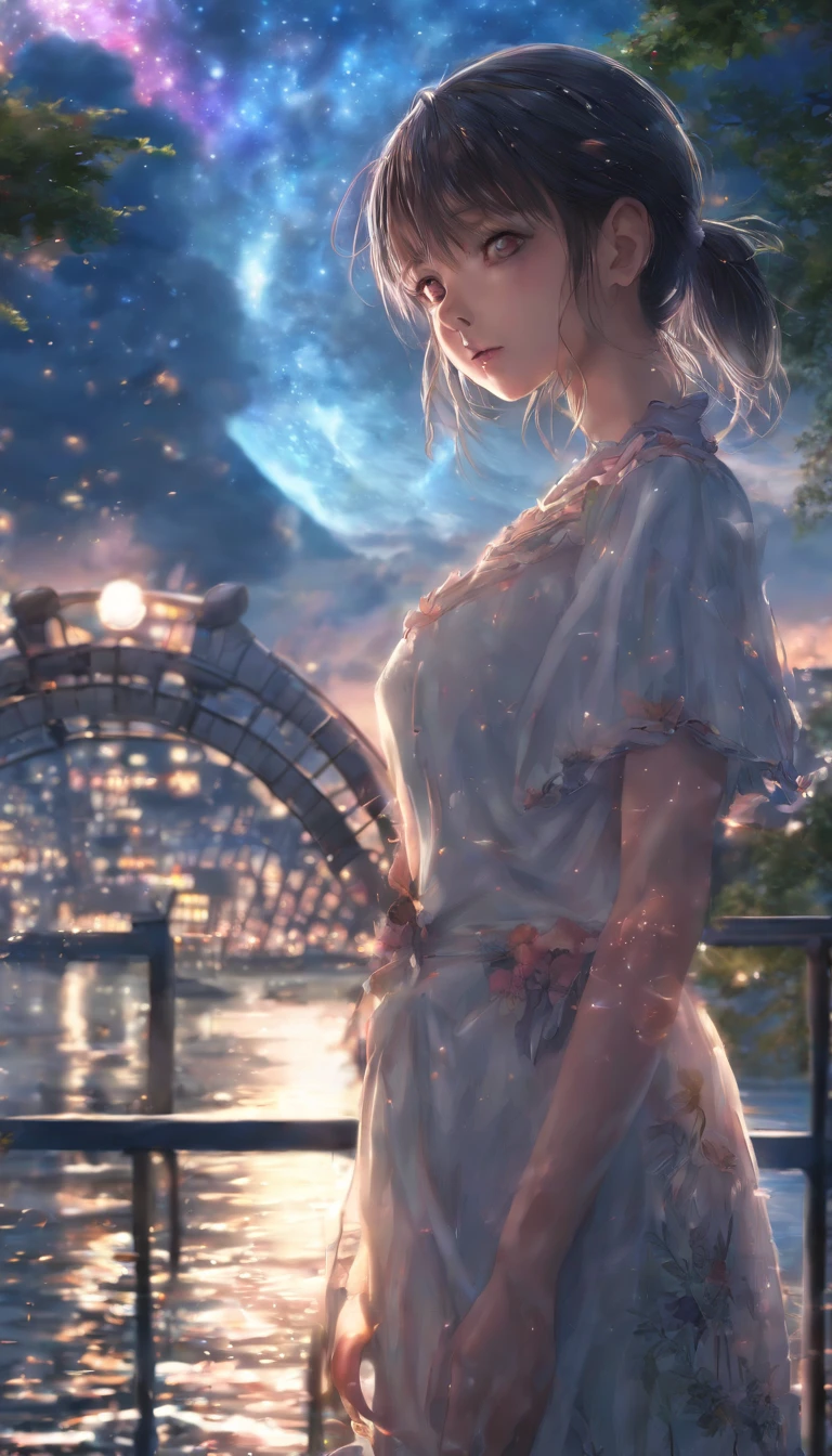 1 girl, eye, close, Beautiful night sky, Meteors, Beyond the Clouds, Surrounded by water, reflection, Wide Angel, Breathtakingly beautiful clouds, Wide-angle, by makoto shinkai, Thomas Kinkade, James Gillard, From holosomnialandscape, High resolution, Volumetric lighting, Ray Tracing, Complex, Attention to detail, Very detailed, Deviant Art, 4K portrait wallpaper,, colorful, Airy, Anime illustration, anime nature wallpapers