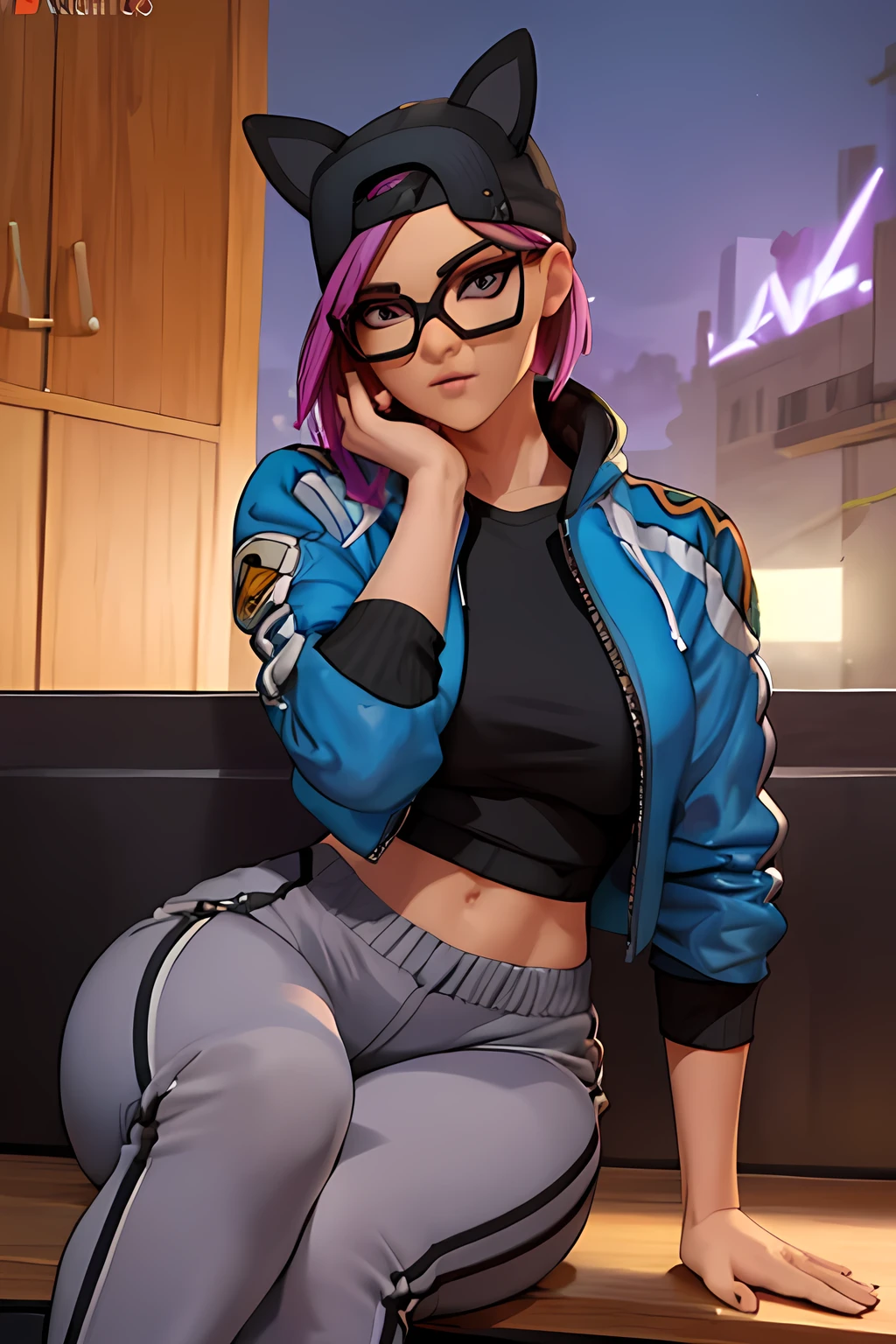 Lynx , sentada, Noche de Luna , jogger pants negro , chaqueta Gris y Azul, Extremadamente detallado, rostro detallado, gafas ,hermoso rostro, ojos finos, mirando al espectador, pose femenino