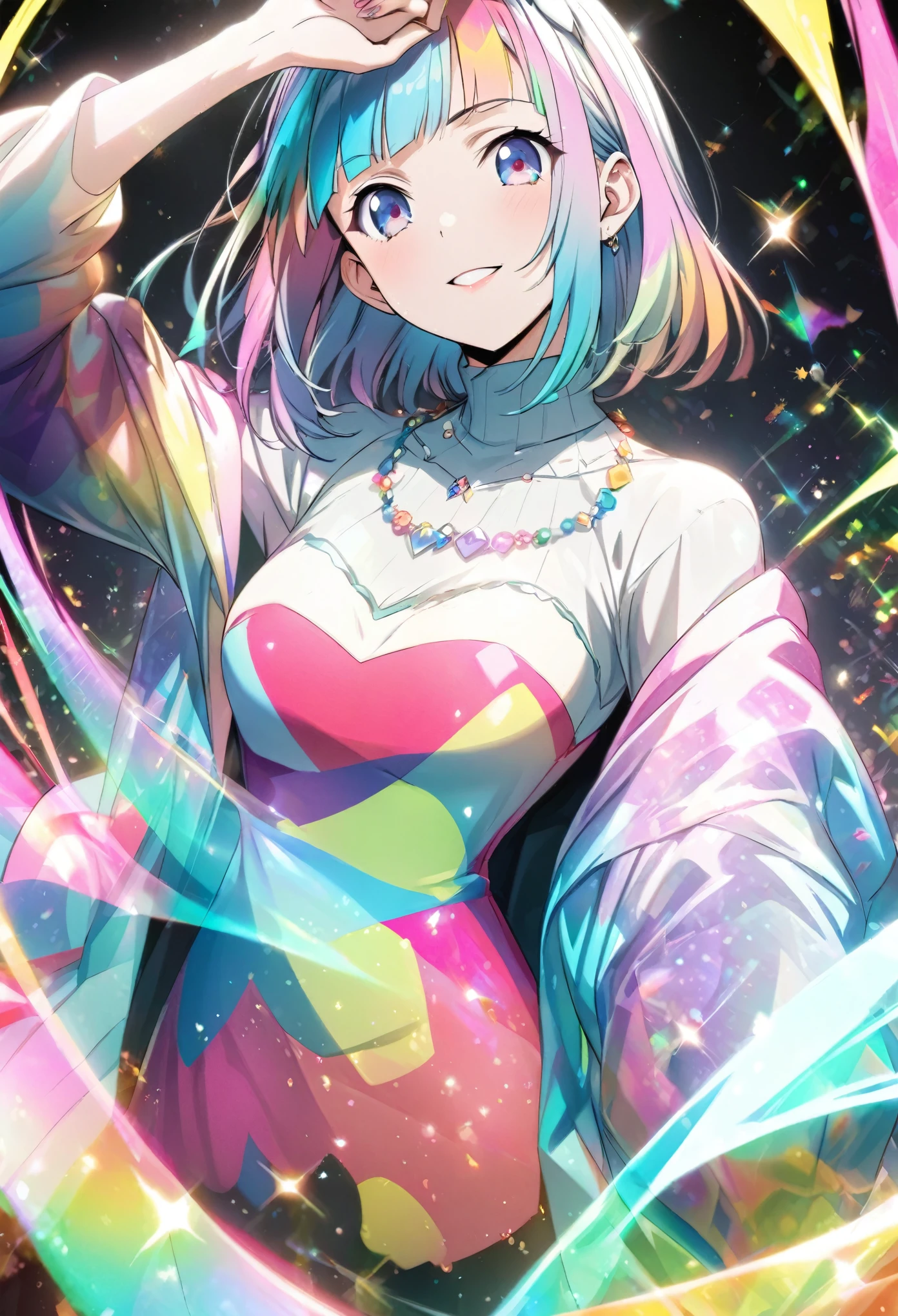 A high-quality hologram trading card depicting an anime-style girl, with glitter, mother-of-pearl, and a black background around the card, clear coloring, and colorful