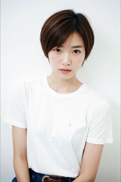 ShortHair, Top quality, 1 beautiful woman, age 28, white T-shirts, 35mm lens, f/1, cowboy shot, (white background: 1.3)