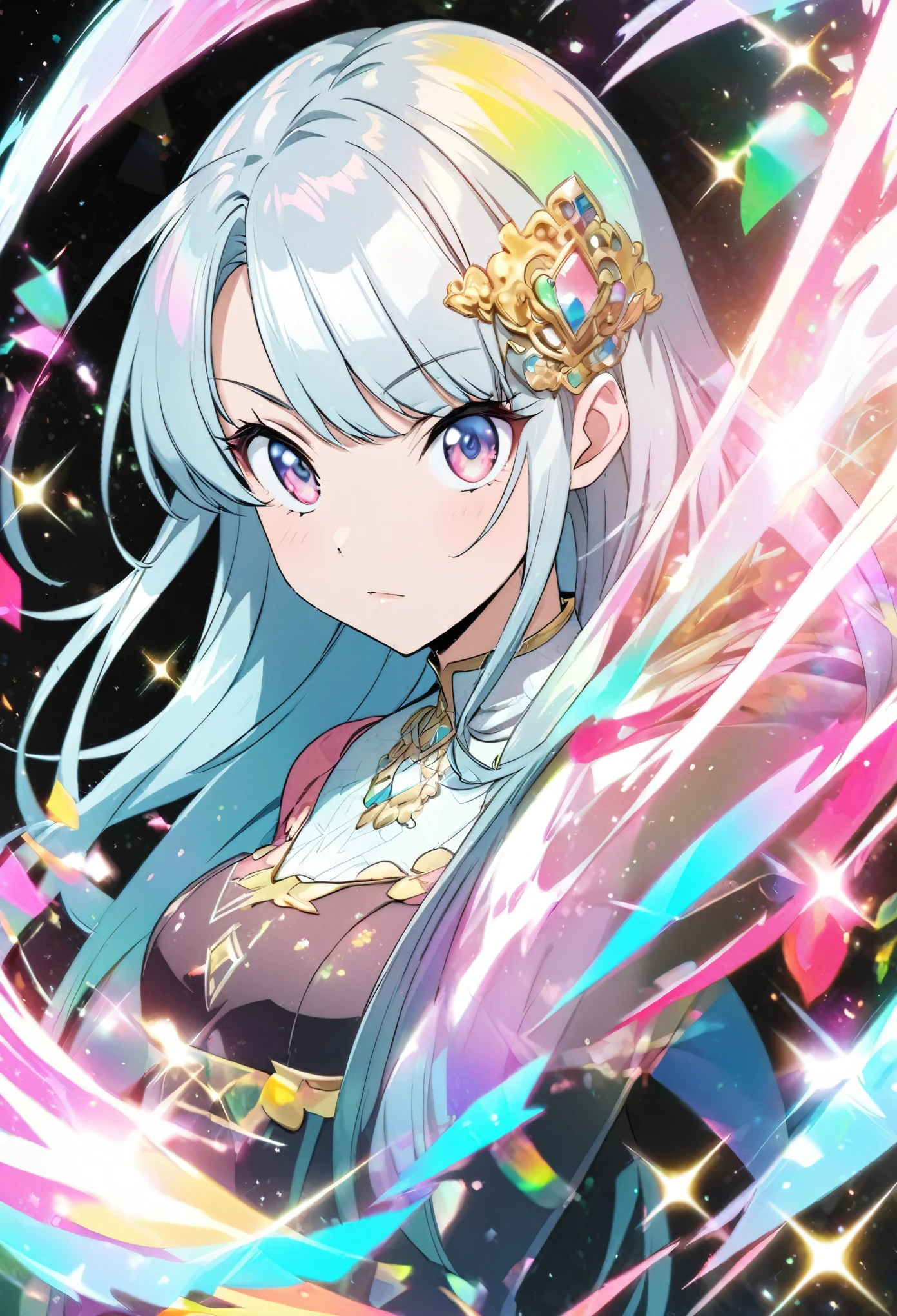 A high-quality hologram trading card depicting an anime-style girl, with glitter, mother-of-pearl, and a black background around the card, clear coloring, and colorful