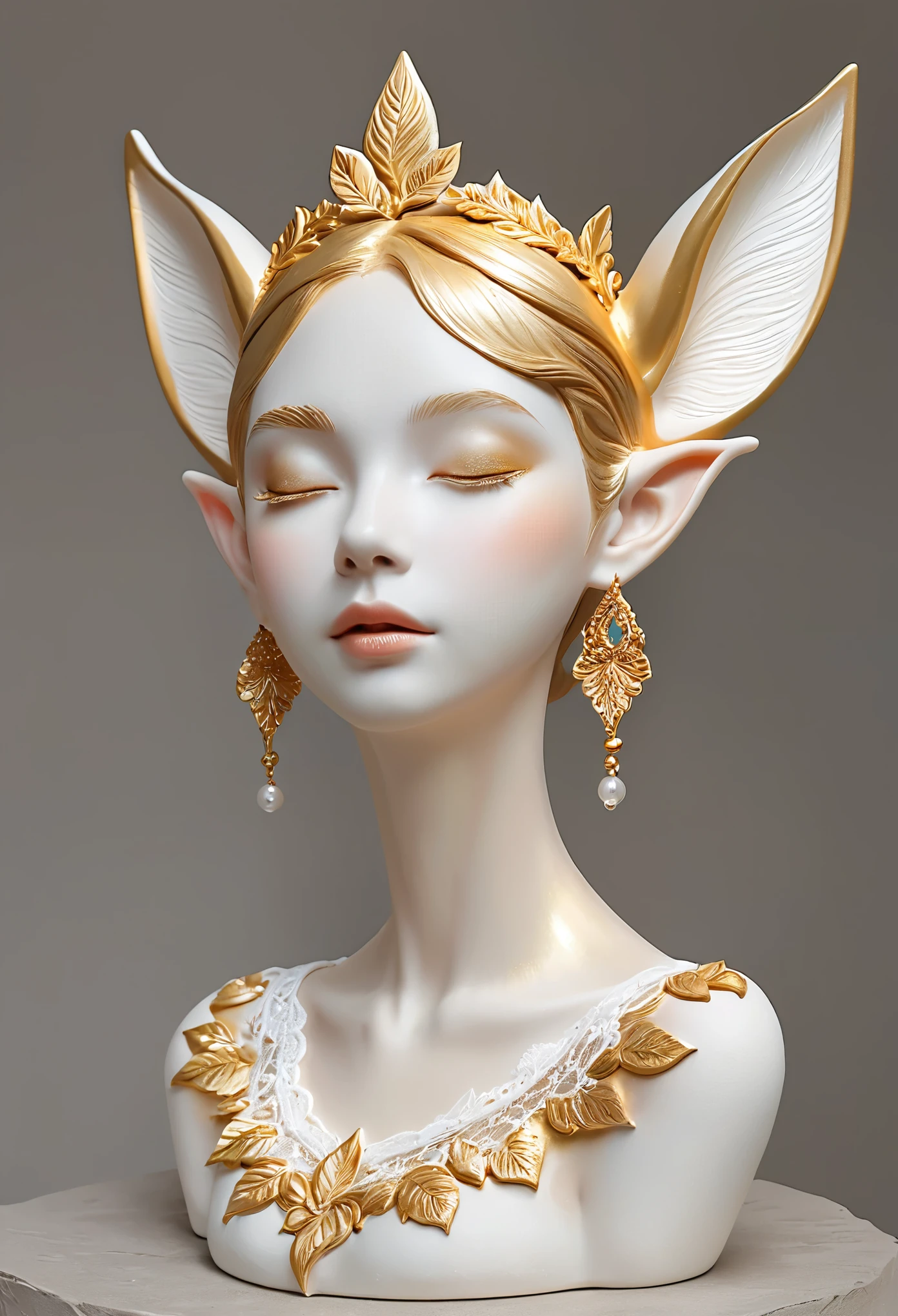 Beautifully decorated，Artistic ornaments，crafts，3D Sculpture，White clay statue，Rough surface，Graininess，grace，Elf ears，White lace trim：1.37，Artistic beauty，Tracing gold，Gold，Golden powder，Artistic Creativity：1.37