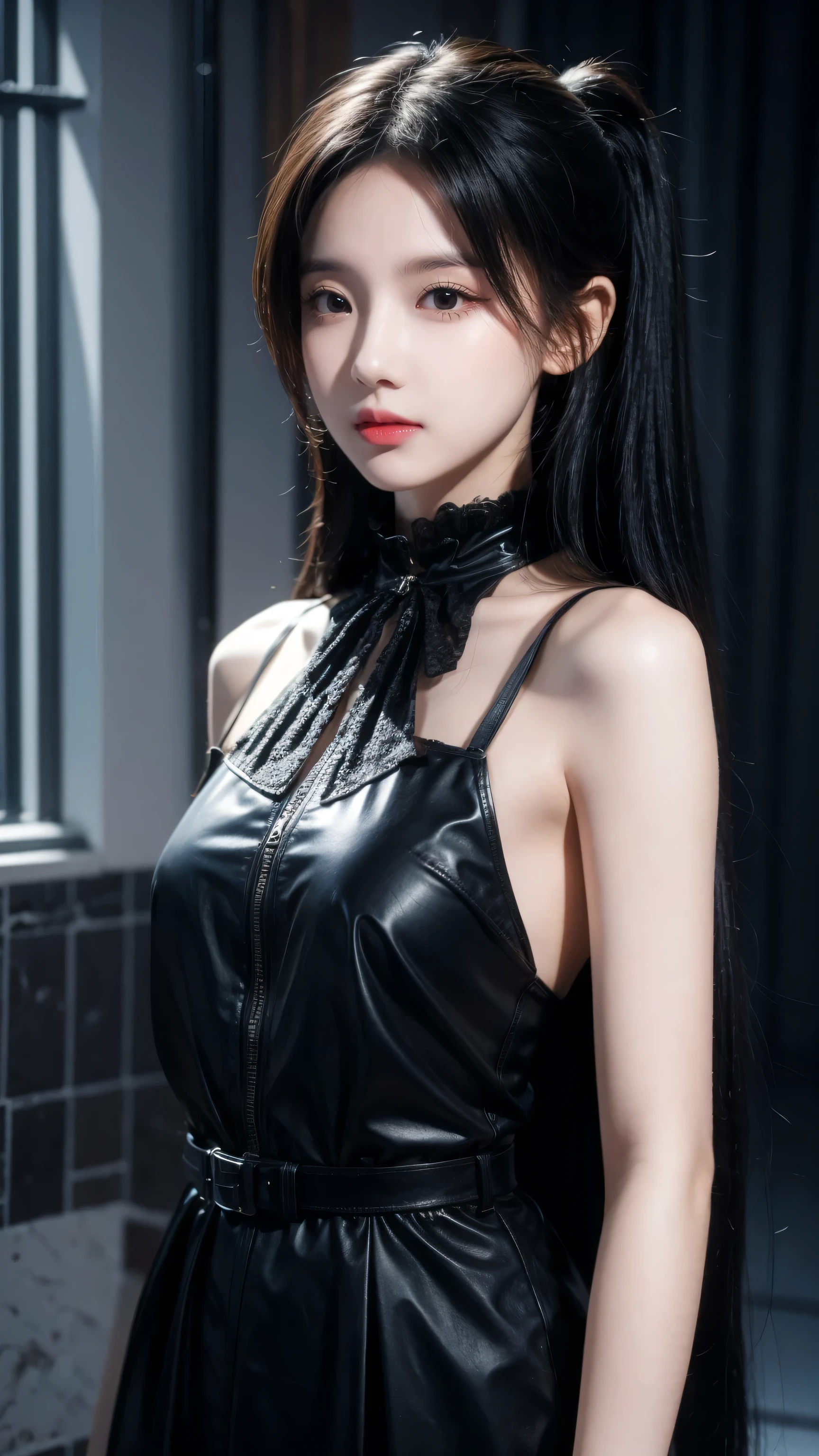 A girl ,Pale skin,Very long hair, Black straight hair. big、Black eyes , With a strong and mysterious expression. Dressed in Orphan Movie Costume Style, More elegant and refined, Something that matches her mysterious and strong personality. comprehensive, Her presence will attract attention, Attract curious and curious eyes. flat chest, Movie Lighting, Chromatic Aberration, Backlight, masterpiece, High Detail, high quality, 4K.