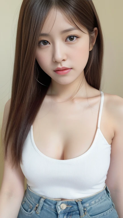 （lively， High resolution：1.3）， 1 Girl with perfect body， very detailed face and eyes，white long hair， random color tank top：1.2， short jeans pantedium breasts，expose cleavage