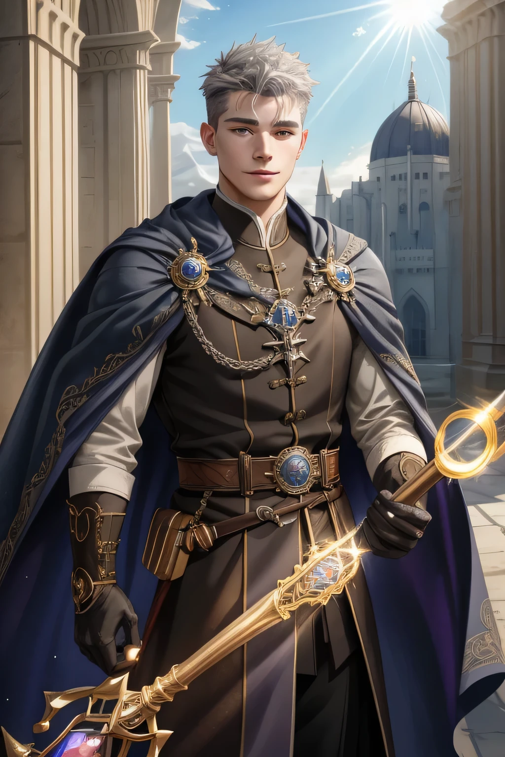 (Absurdres, Intricate Details, Masterpiece, Best Quality, High Resolution, 8k), 1 male, masculine, young, aged up, dreadful, finely detailed eyes and face, gray short back and sides hair, black eyes, portrait, looking at viewer, solo, (full body:0.6), detailed background, (RootsBranchesAI theme:1.1) glowing eyes, gentle smile, high fantasy, cleric, casting healing spell, hovering in air, sunshine, color cape, gloves, magic wand, , mana, bright realistic lighting, marble castle in background, peaceful atmosphere, tiara of light hovering above head, , Depth of Field, VFX.