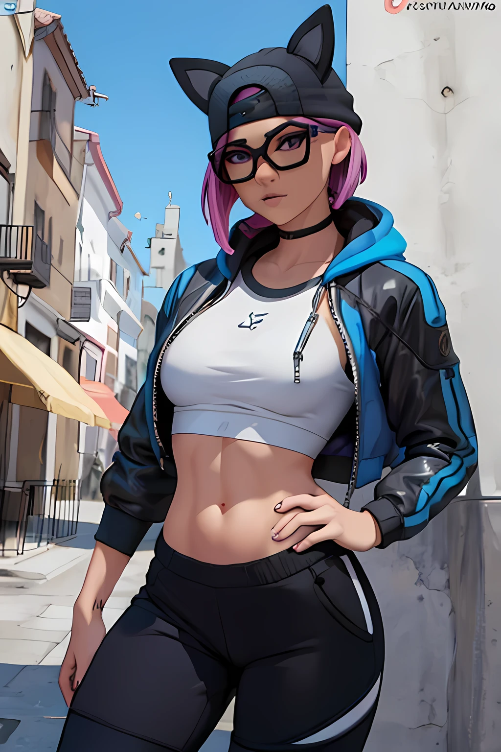 Lynx , sentada, Noche de Luna , jogger pants negro , chaqueta Gris y Azul, Extremadamente detallado, rostro detallado, gafas ,hermoso rostro, ojos finos, mirando al espectador, pose femenino