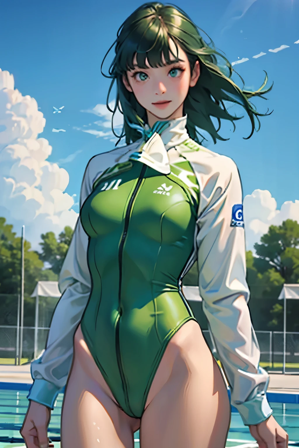masterpiece、highest quality、High resolution、Two realistic girls、Competitive swimmer、Close-up of a person、Wearing a green bodysuit、During Competitive swimmerics competitions、smile、Swimming Venues、Sexy competitive swimsuit
