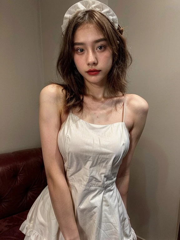 Naked cute girl indonesia, white skin, yo, nabilla jkt 48, young, short bob hair, red lips, standing showing vagina, teen, realistic vagina, ((wearing maid dress)),