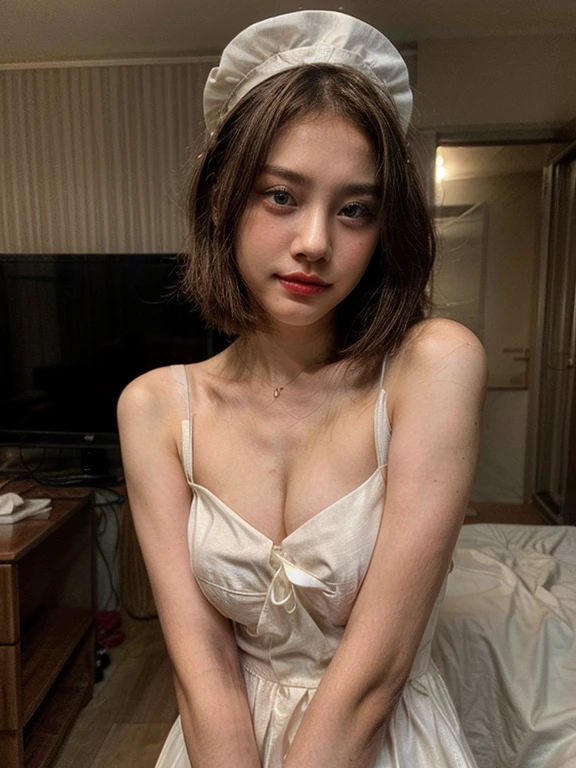 Naked cute girl indonesia, white skin, 17yo, nabilla jkt 48, young, short bob hair, red lips, standing showing vagina, teen, realistic vagina, ((wearing maid dress)),