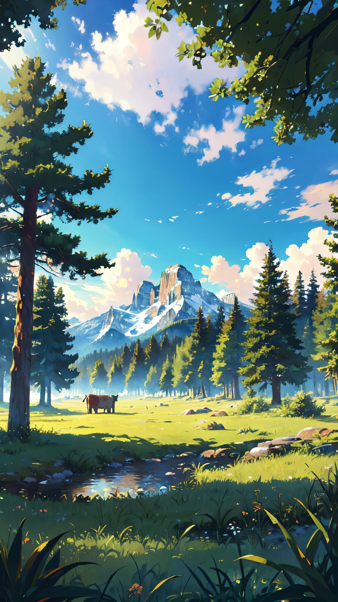 cow,
BREAK (masterpiece, best quality:1.2), outdoors, nature, Village, forest, pines, grass, tall grass, detailed grass, plants, day, clouds,
