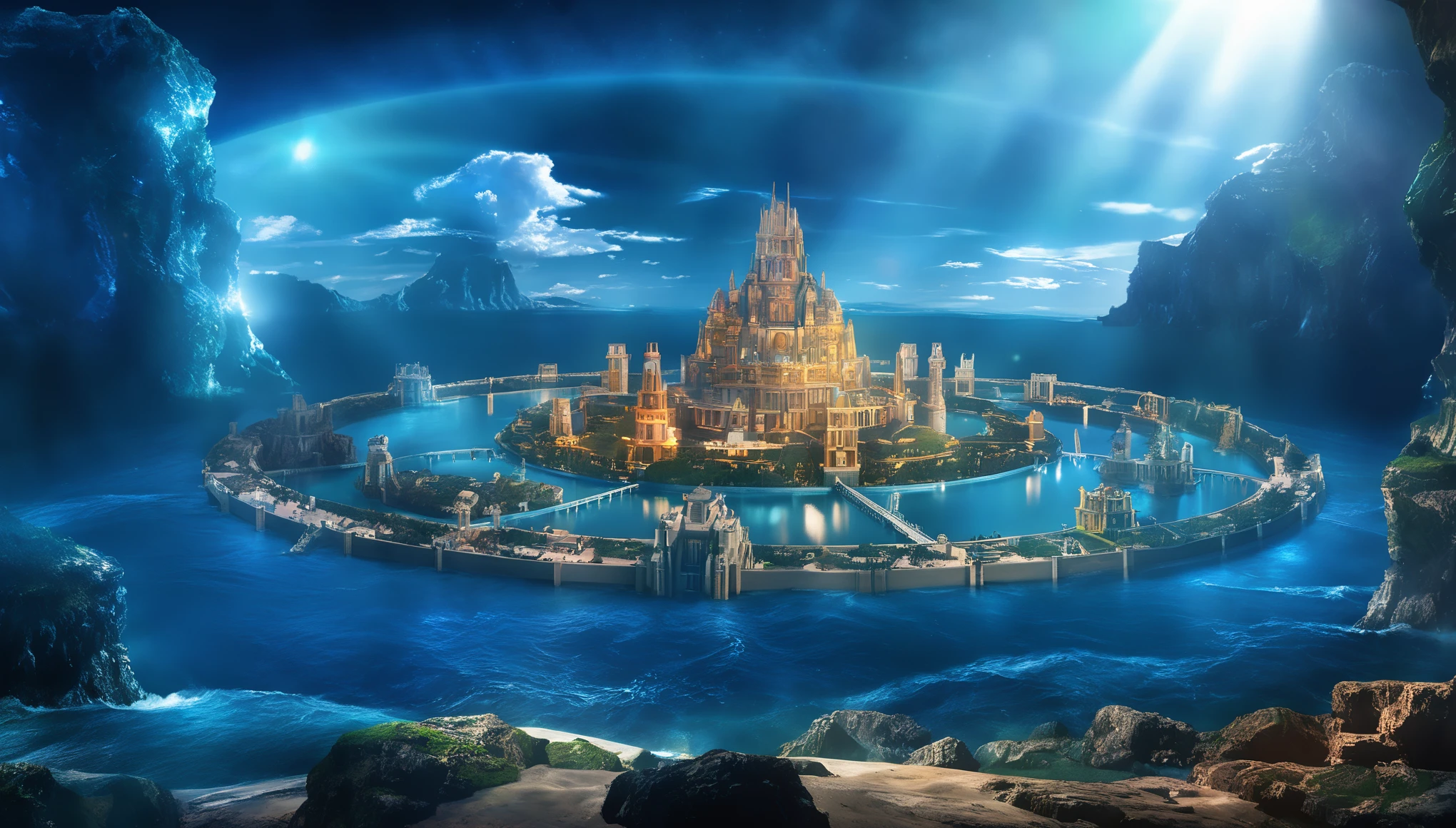 atlantis, full 3D, vivid colors, masterpiece, panorama, super detail, (best quality:1.2), highres, 16K, ultra quality, hyperrealistic detail, nanite-level atmospheric lighting, and detailed reflections, very far shot, ultra-wide angle, 4D, 3D, highest quality, OLED, ultra photorealistic, HDR, UHD, retina, super detail, high details, high quality, award winning, best quality