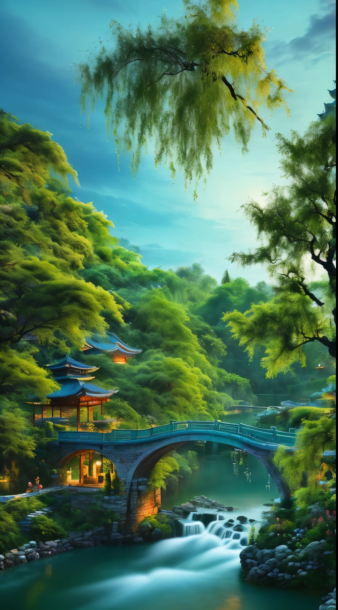 At dusk, Green tree々, Willows are flying, Surrounded by the blue sea, Small bridge and flowing water, Antique Colors, Floral scent, Warm as jade, Birds singing and flowers, Water Town Paintings, slowly, Actual photo shoot, 16K resolution