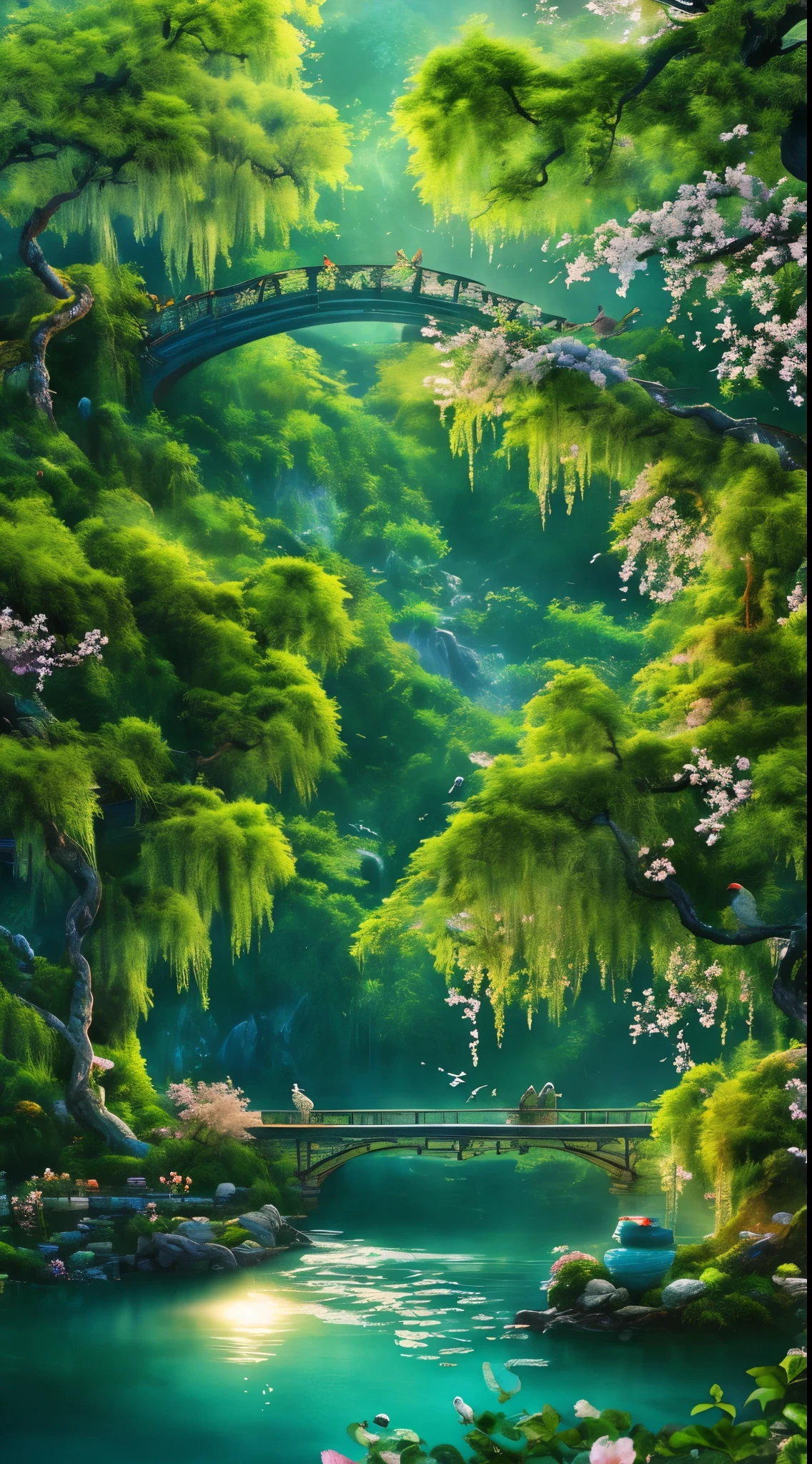 At dusk, Green tree々, Willows are flying, Surrounded by the blue sea, Small bridge and flowing water, Antique Colors, Floral scent, Warm as jade, Birds singing and flowers, Water Town Paintings, slowly, Actual photo shoot, 16K resolution