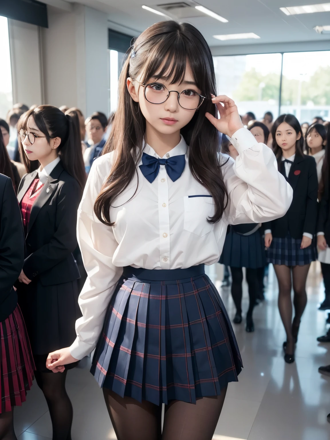 (I can see your underwear),(8K、Writing、Highest quality、masterpiece:1.2),Confused eyes、Half an eye、White skin,Saucy,Watching the audience,Looking at the front,pupil,depereblanca,Kune,((Black Pantyhose)),((Black Pantyhose)),Disorganized,Small face,,Flat chest,前hairを真ん中から分けて、The forehead is visible,(Cold look,Tight eyes,Glare,strong,Are thin,Sobbing,irascible)、masterpiece,Highest quality、Ultra-high resolution、Writing真、Benevolence、beautiful shit、one person、solo、Glasses、Dark Look、Small breasts、丸Glasses、JK、high school girl、Japanese women、Are standing、(PhotoReactive:1.37)、Photon Mapping、Real、Beauty、Cute face、Brown eyes、Black socks、(Red bow tie)、Radio City、Physically Based Rendering、Depth of written boundary、Blurred Background、image、body、Beautiful feet、Long legs、Thin legs、(前hairが見える)、hair、lips、Blue_The目、nose、(Navy, blue and white plaid pleated skirt)、I can see your knees、See-through clothing、Thighs、black cotton socks、Nogizaka Idol、、Japanese Idols