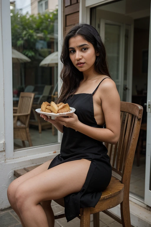 ((best quality)), ((masterpiece)), (detailed), perfect face an Indian girl eating wadapaw potato and bread Indian dish Sitting on chair looking outside window with black full dress