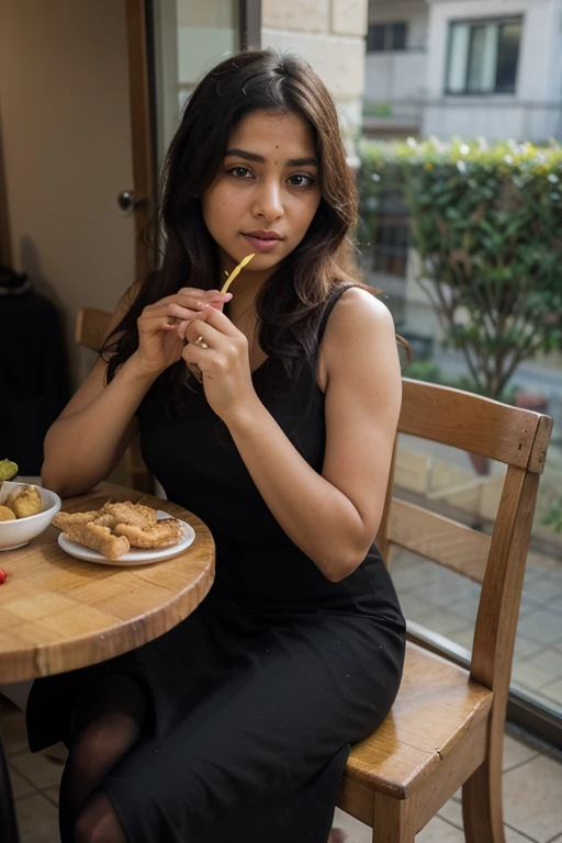 ((best quality)), ((masterpiece)), (detailed), perfect face an Indian girl eating wadapaw potato and bread Indian dish Sitting on chair looking outside window with black full dress