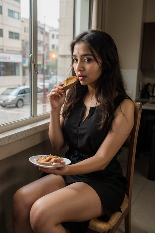 ((best quality)), ((masterpiece)), (detailed), perfect face an Indian girl eating wadapaw potato and bread Indian dish Sitting on chair looking outside window with black full dress