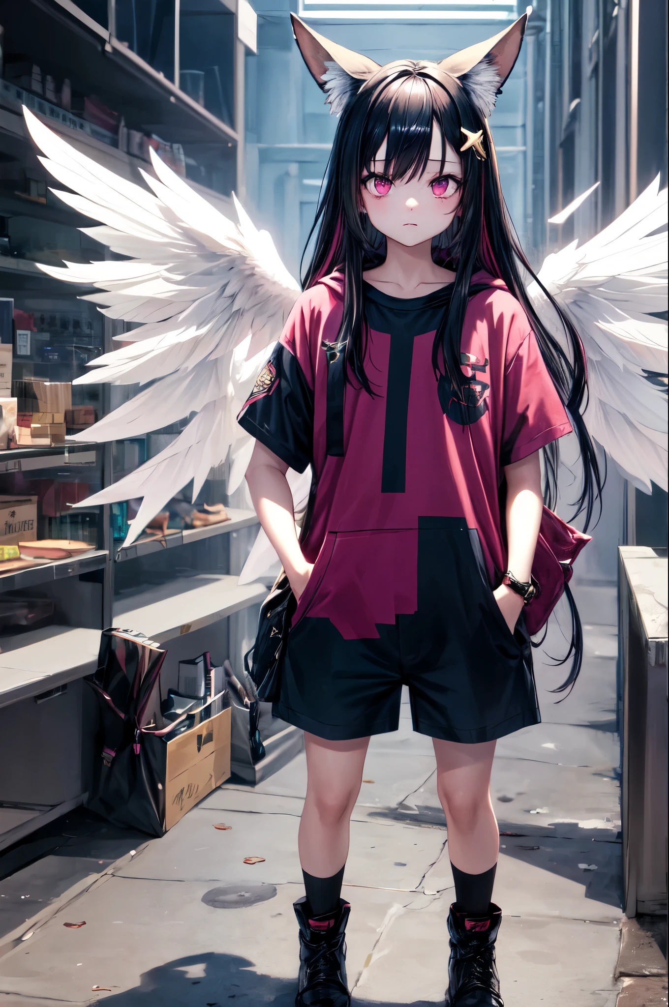 1girl, solo, fox ears, pink eyes, black hair, multicolored shirt, short pants, long hair, hair ornament, star, ((wings)), StarGlitcherWings, expressionless, hand in pocket
