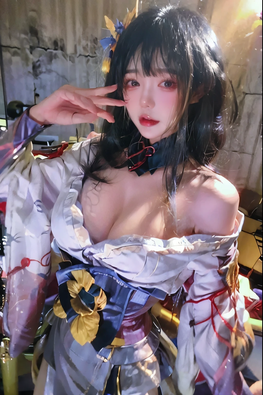 Beautiful woman with perfect body:1.4,Layered Hairstyle,Prominent cleavage:1.5,Highly detailed face and skin textures,Double eyelids,Skin Whitening,Long hair,Whitened long legs,Bellyband,Sexy goddess