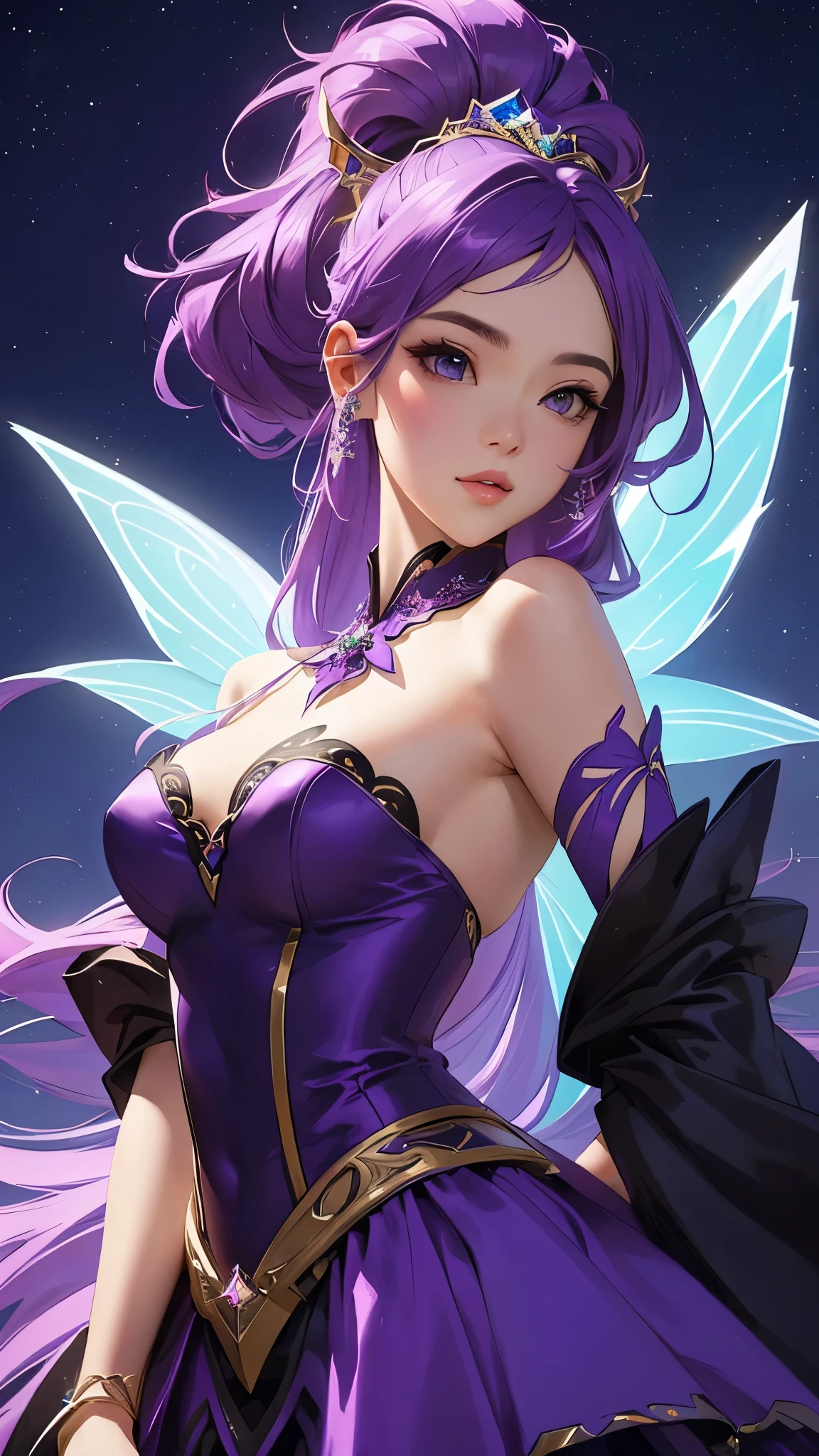 a woman with purple hair and a purple dress is dressed in a fairy costume, ! dream tipo germen, tipo germen on artstation pixiv, extremely detailed tipo germen, arte conceptual | tipo germen, fantastic art style, sociedad cgs de hadas, retrato de un hada, fanart best art station, ross tran 8k, style of tipo germen