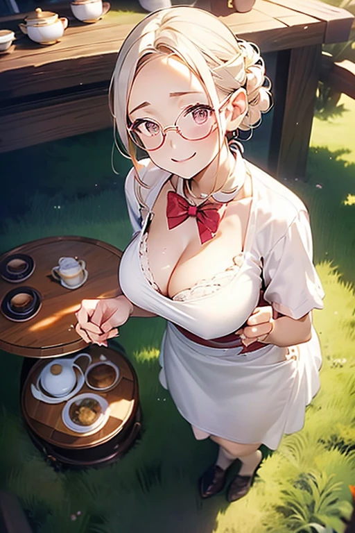 (best quality, masterpiece), (ultra high resolution, 8K RAW photo, photo realistics:1.5, textile shading, thin outline, clear focus:1.2), Beautuful Matured woman preparing tea-time in the garden, standing by the round table, (tea set, tea pot, tea cups, some cakes on dish), classy art deco style table, wearing light_brown maid uniform, breast cleavage, maid costume:1.2, long flare skirts, apron, bow ties on thechest, long tall sally, long legs, long white hair, (wearing thin-flame glasses:1.2), (milf:1.5, 28 years old, solo), (large breast, sagging breast, big tits, narrow waist), (medium short white hair, hair over one eye, (updo hair:1.2), side lock, asymmetric hair, wavy hair), (bright pupils, detailed eyes, high detailed face, Perfect face shape, eye rush), (seductitve smiling, half-closing eyes), (looking at viewers:1.3), (dynamic angle, full body, from above:1.2), ((correct anatomy:1.5, correct hands)), (ideal ratio of body proportions), (outdoor:1.2, grass field), 