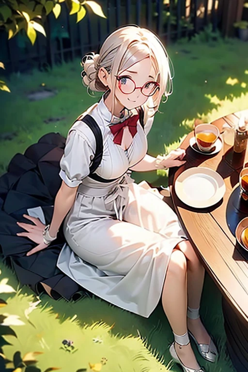 (best quality, masterpiece), (ultra high resolution, 8K RAW photo, photo realistics:1.5, textile shading, thin outline, clear focus:1.2), Beautuful Matured woman preparing tea-time in the garden, standing by the round table, (tea set, tea pot, tea cups, some cakes on dish), classy art deco style table, wearing light_brown maid uniform, breast cleavage, maid costume:1.2, long flare skirts, apron, bow ties on thechest, long tall sally, long legs, long white hair, (wearing thin-flame glasses:1.2), (milf:1.5, 28 years old, solo), (large breast, sagging breast, big tits, narrow waist), (medium short white hair, hair over one eye, (updo hair:1.2), side lock, asymmetric hair, wavy hair), (bright pupils, detailed eyes, high detailed face, Perfect face shape, eye rush), (seductitve smiling, half-closing eyes), (looking at viewers:1.3), (dynamic angle, full body, from above:1.2), ((correct anatomy:1.5, correct hands)), (ideal ratio of body proportions), (outdoor:1.2, grass field),