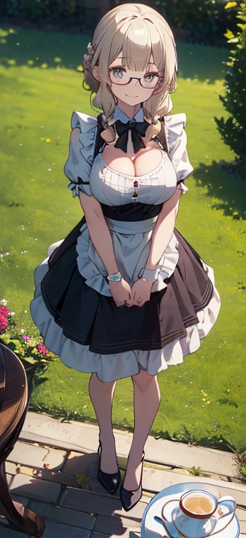 (best quality, masterpiece), (ultra high resolution, 8K RAW photo, photo realistics:1.5, textile shading, thin outline, clear focus:1.2), Beautuful Matured woman preparing tea-time in the garden, standing by the round table, (tea set, tea pot, tea cups, some cakes on dish), classy art deco style table, wearing light_brown maid uniform, breast cleavage, maid costume:1.2, long flare skirts, apron, bow ties on thechest, long tall sally, long legs, long white hair, (wearing thin-flame glasses:1.2), (milf:1.5, 28 years old, solo), (large breast, sagging breast, big tits, narrow waist), (medium short white hair, hair over one eye, (updo hair:1.2), side lock, asymmetric hair, wavy hair), (bright pupils, detailed eyes, high detailed face, Perfect face shape, eye rush), (seductitve smiling, half-closing eyes), (looking at viewers:1.3), (dynamic angle, full body, from above:1.2), ((correct anatomy:1.5, correct hands)), (ideal ratio of body proportions), (outdoor:1.2, grass field),