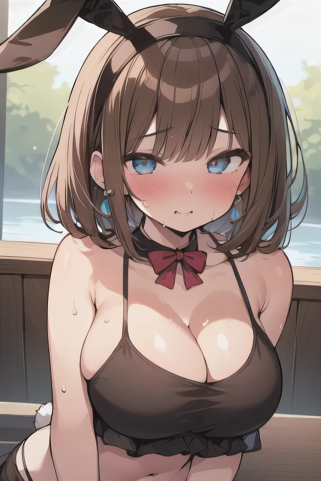 (best quality), (Super detailed), (Best Illustration), (1woman), look at viewer, (Ahegao:1.2), (Tank-top bikini), (Big Breasts:1.2), {brown hair, (bob cut:1.2), curly hair, hairs between eyes}, {(detailed eyes), heart-shaped pupils, blue eyes}, blush, sweat, steam, earrings, (rabbit hairband),