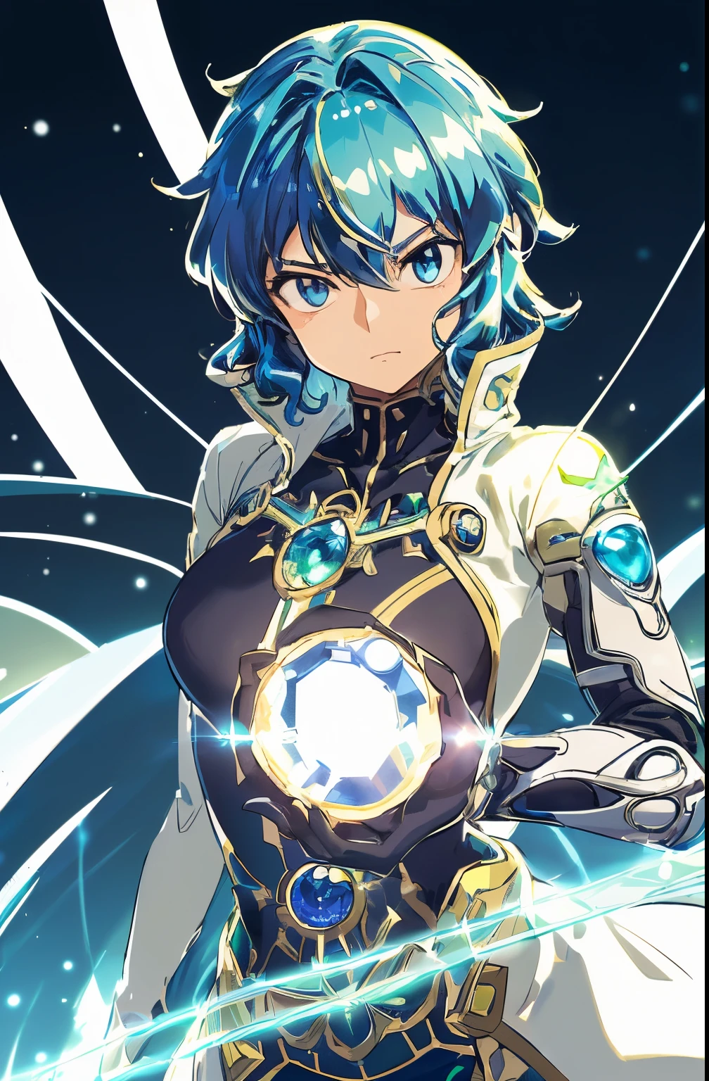 ultra detailed, masterpiece, best quality, solo, cowboy shot, facing viewer,girl, ((really shiny wavy short sapphire color hair)), wearing a mechanical suit beneath a trenchcoat, light armor, sapphire emerald eyes, pensative expression, receptive, using a device on her arm that emits a blue light, (((Sinon Sao))) (((Blue Hair))),