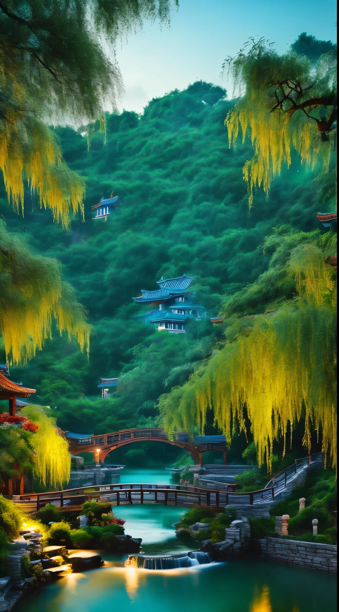 At dusk, Green tree々, Willows are flying, Surrounded by the blue sea, Small bridge and flowing water, Antique Colors, Floral scent, Warm as jade, Birds singing and flowers, Water Town Paintings, slowly, Actual photo shoot, 16K resolution