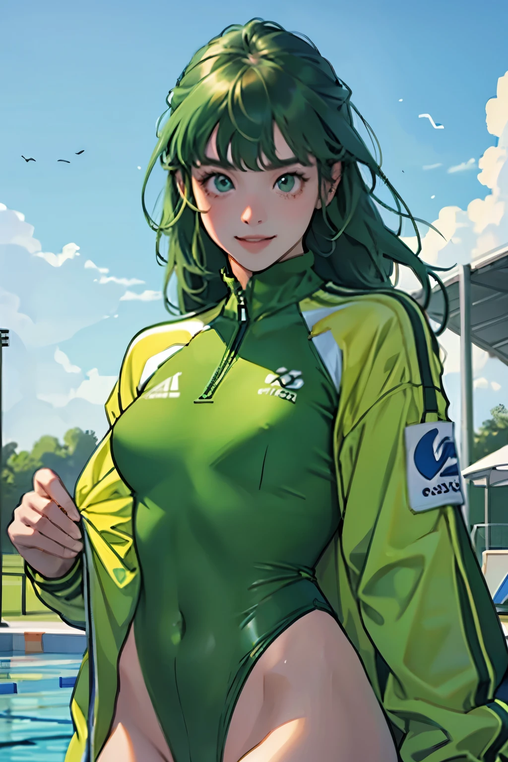 masterpiece、highest quality、High resolution、Two realistic girls、Competitive swimmer、Close-up of a person、Wearing a green bodysuit、During Competitive swimmerics competitions、smile、Swimming Venues、Sexy competitive swimsuit
