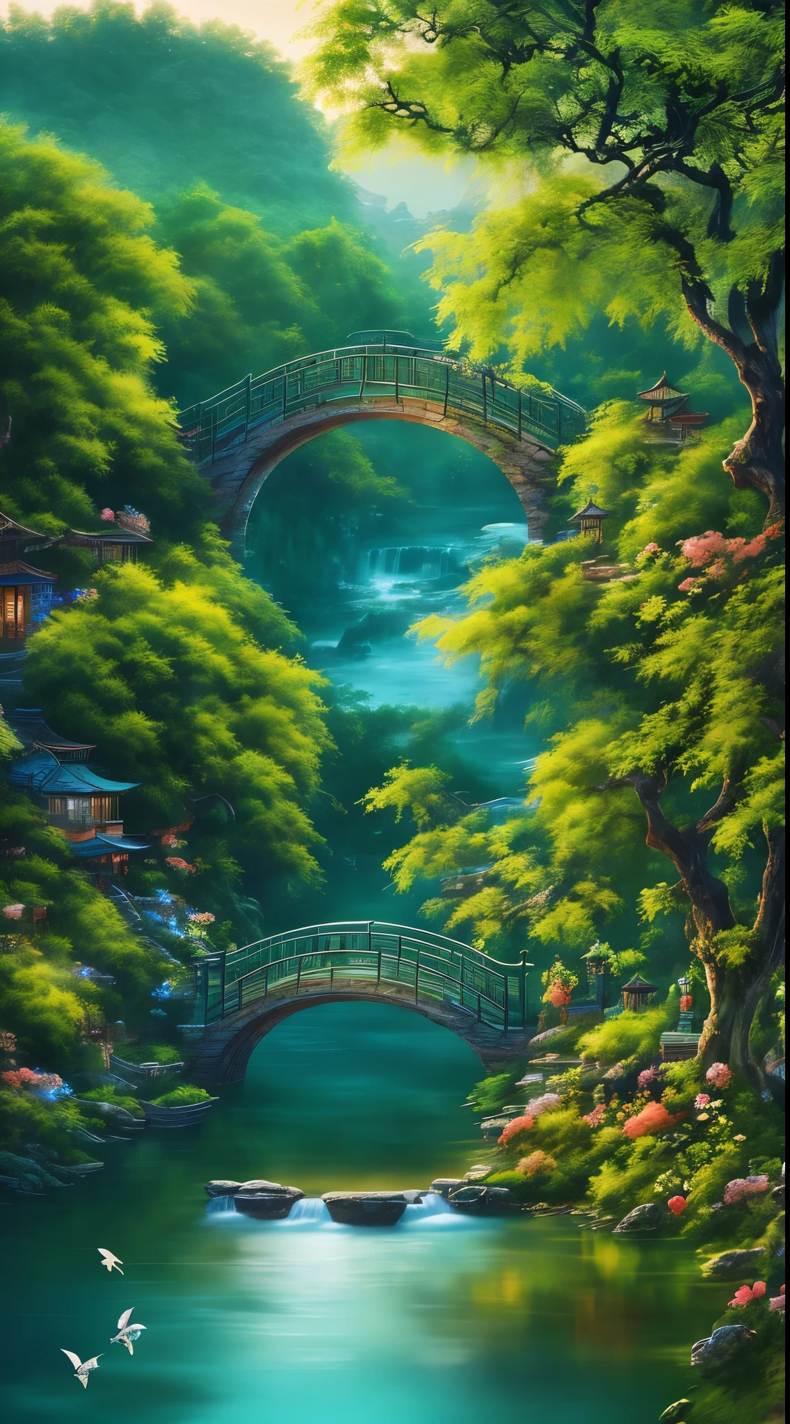 At dusk, Green tree々, Willows are flying, Surrounded by the blue sea, Small bridge and flowing water, Antique Colors, Floral scent, Warm as jade, Birds singing and flowers, Water Town Paintings, slowly, Actual photo shoot, 16K resolution