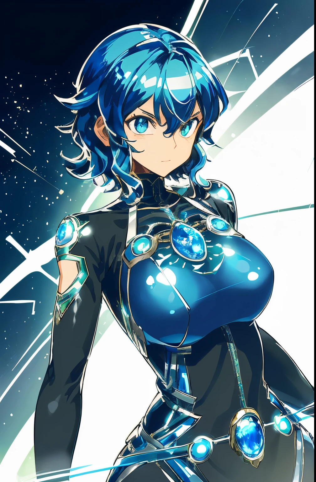 ultra detailed, masterpiece, best quality, solo, cowboy shot, facing viewer,girl, ((really shiny wavy short sapphire color hair)), wearing a mechanical suit beneath a trenchcoat, light armor, sapphire emerald eyes, pensative expression, receptive, using a device on her arm that emits a blue light, (((Sinon Sao))) (((Blue Hair))),