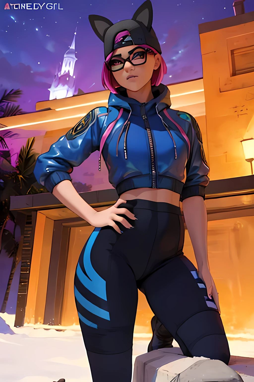 1 chica lynx ,reposando , luna noche, leggins, chaqueta azul,Extremadamente detallado, rostro detallado, gafas ,hermoso rostro, ojos finos, mirando al espectador, pose femenino