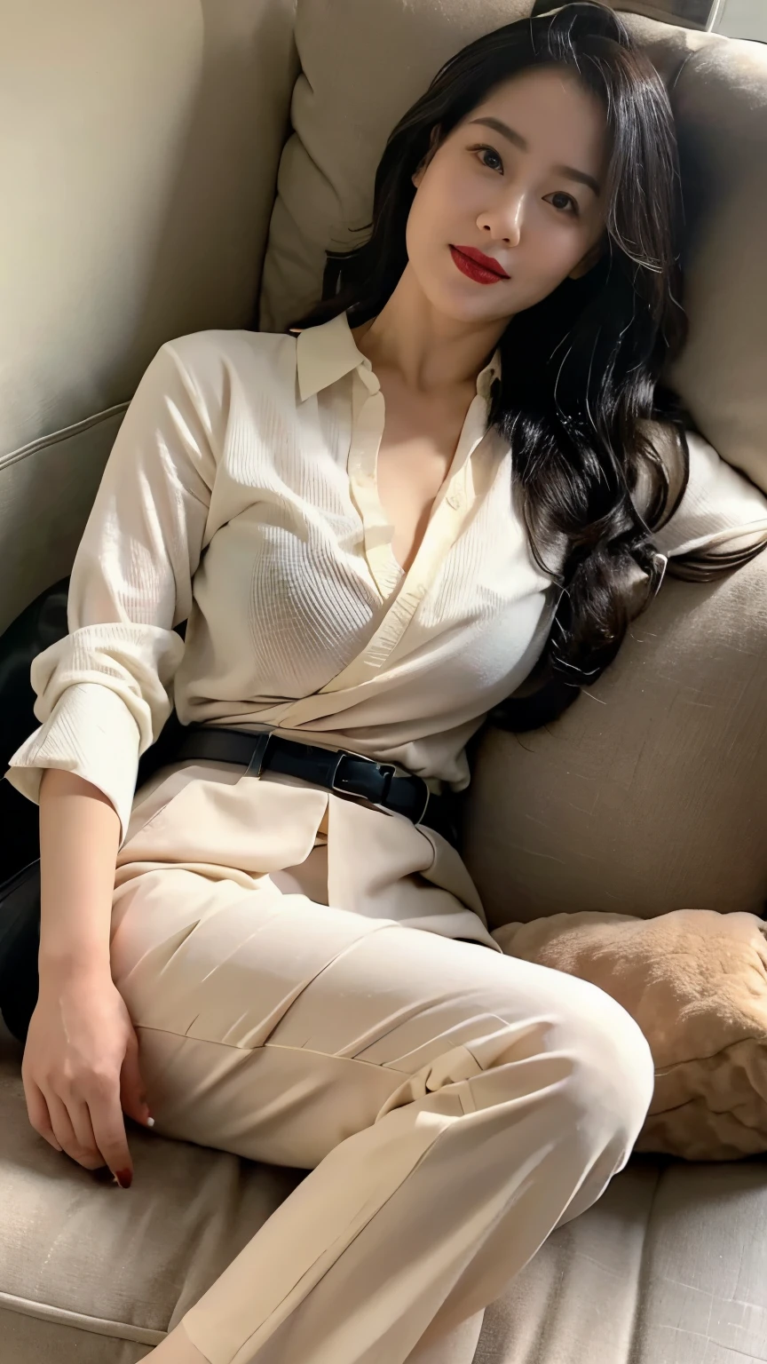 Draw lips correctly, Red lipstick, From the chest up, best quality, Ultra Detailed, lifelike, Super delicate skin, perfect anatomy, (1 日本Mature的女人), (Solitary),Wear a shirt,trousers,Black belt,Long wavy hair,37-year-old female,Mature,Charming smile,Sit on the couch,Standing,Leg length,Chubby,Big breasts,stand up,full-body shot