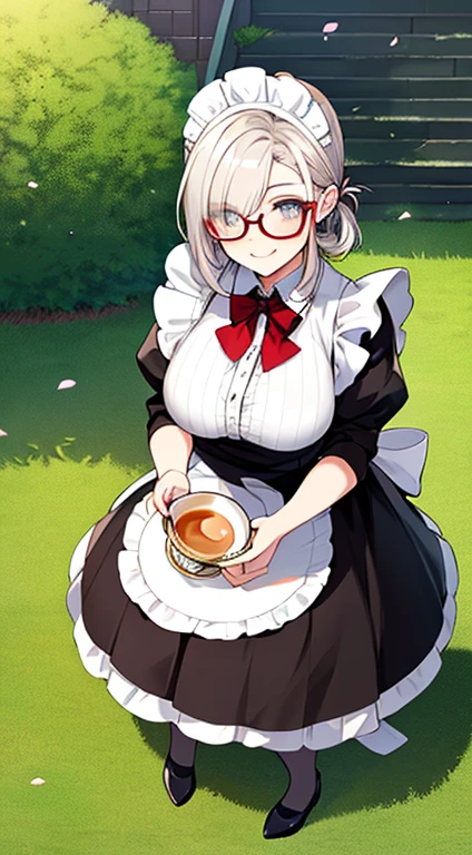 (best quality, masterpiece), (ultra high resolution, 8K RAW photo, photo realistics:1.5, textile shading, thin outline, clear focus:1.2), Beautuful Matured woman preparing tea-time in the garden, standing by the round table, (tea set, tea pot, tea cups, some cakes on dish), classy art deco style table, wearing light_brown maid uniform, breast cleavage, maid costume:1.2, long flare skirts, apron, bow ties on thechest, long tall sally, long legs, long white hair, (wearing thin-flame glasses:1.2), (milf:1.5, 28 years old, solo), (large breast, sagging breast, big tits, narrow waist), (medium short white hair, hair over one eye, (updo hair:1.2), side lock, asymmetric hair, wavy hair), (bright pupils, detailed eyes, high detailed face, Perfect face shape, eye rush), (seductitve smiling, half-closing eyes), (looking at viewers:1.3), (dynamic angle, full body, from above:1.2), ((correct anatomy:1.5, correct hands)), (ideal ratio of body proportions), (outdoor:1.2, grass field), 