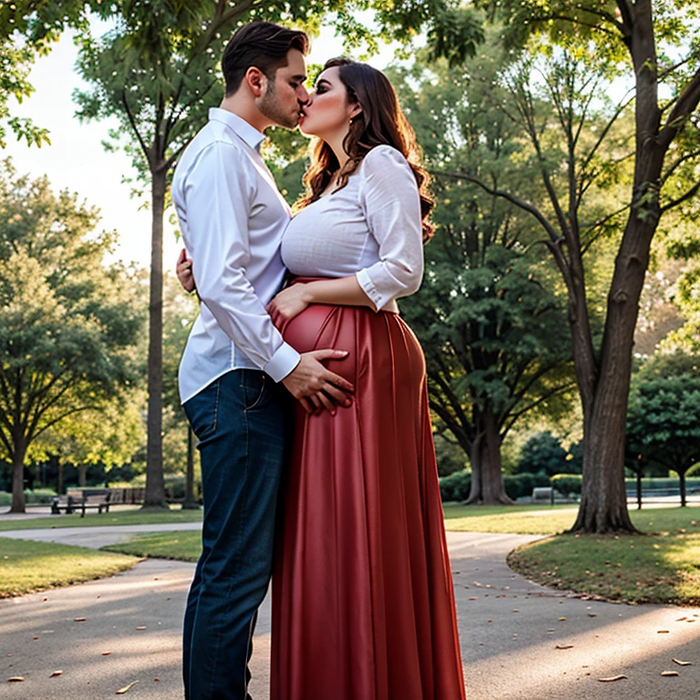 An attractive pregnant woman and a handsome man, kissing devotedly in the park, The woman has ((gigantic breasts)) and is wearing a blouse, very long skirt and high heels