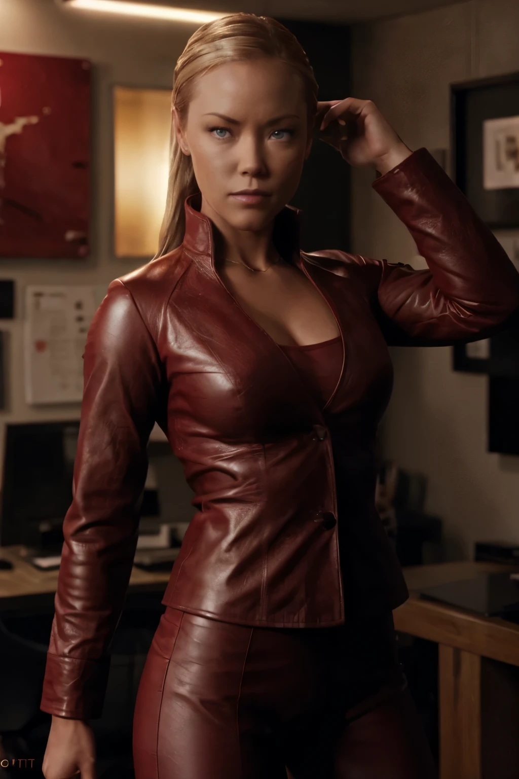 as Kristanna Loken T-X, Kristann Loken, view from afar, top-down view, ultra-detailed, realistic, perfect face, perfect nose, detailed hair, blond collected office hairstyle, detailed eyes, (best quality), bedroom interior, masterpiece, ultra-detailed, uhd, high resolution, (rim lighting:1.2), two tone lighting, hyperdetailed, (artstation:1.4), cinematic, warm lights, dramatic light, (red leather leggings), (red leather jacket), black high heel shoes,