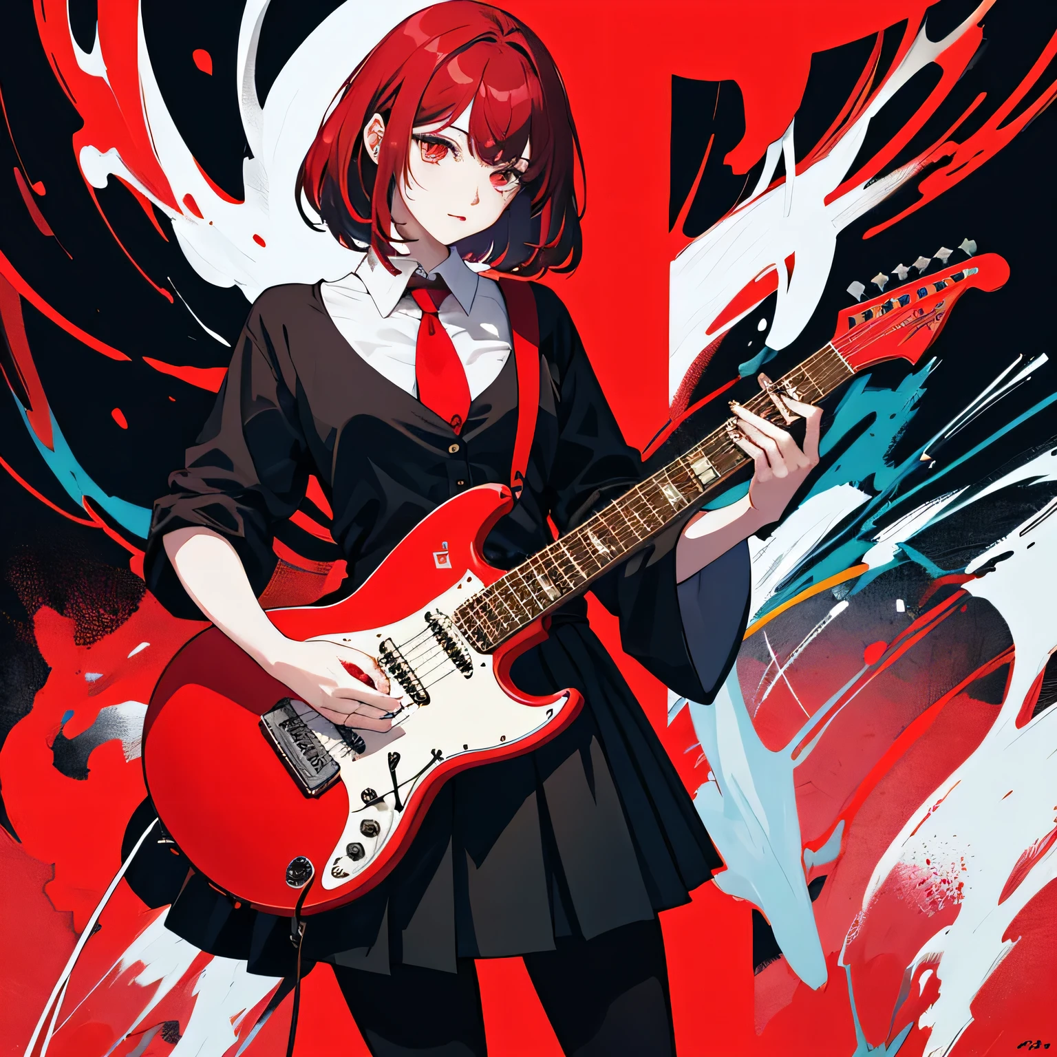 (masterpiece, best quality), 1girl, 16yo, realistic, black dress, red tie, goth, (white panties), panties over pantyhose, upskirt, (red electric guitar), standing, vibrant colors, abstract background, lines geometric, night, dark theme, high contrast, deep shadows