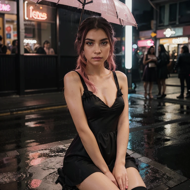 (((full medium shot))), (Masterpiece, photorealistic, photorealism, best quality, ultra-detailed:1.3), (nice hands, perfect hands), official art, cinematic light, (1girl:1.3), adult, black long pigtail hair, (long lashes, mascara:1.1), eyeliner, sad, (Pink dress:1.3), high heels, thighhighs, (looking at viewer, sitting:1.1), neon rain alley, rain-soaked streets, flickering neon reflections, clandestine meetings, blurry background