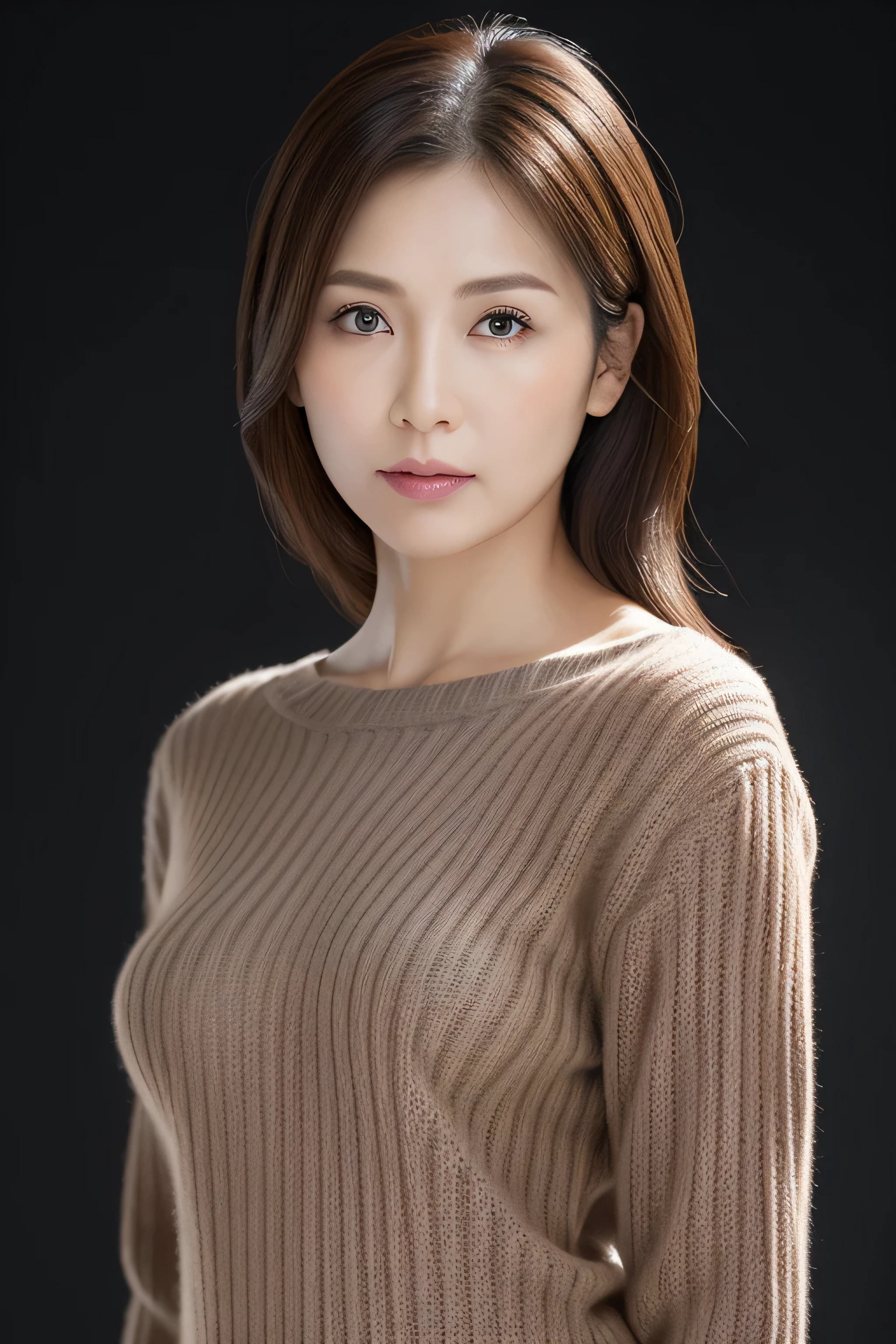 Ultra-high resolution, masterpiece, Irritated skin, Very detailed, Photorealistic, Professional Lighting, Written boundary depth, sharp, (Gray background), (Front view:1.2),(Japanese Mature, 38 year old women are sexy:1.0), Detailed face, Beautiful Eyes, bangs, Shapely large breasts, Light brown straight hair, Faint lips, (Catch Eye:1.3),((Stand in front、Look at the audience, Serious face eyes,)), (Lightweight sweater:1.0), Theta, Full body photo, Cowboy Shot,