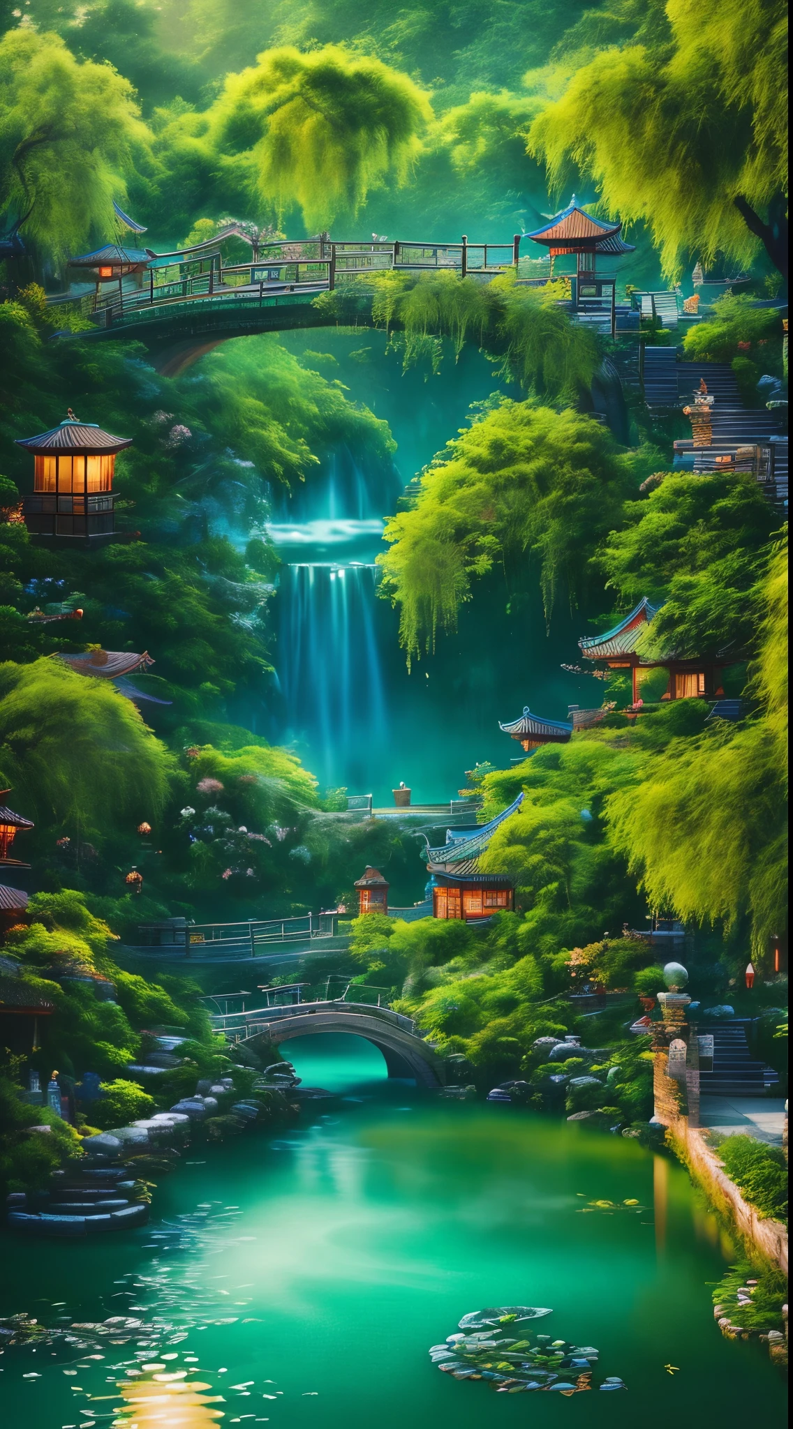 At dusk, Green tree々, Willows are flying, Surrounded by the blue sea, Small bridge and flowing water, Antique Colors, Floral scent, Warm as jade, Birds singing and flowers, Water Town Paintings, slowly, Actual photo shoot, 16K resolution