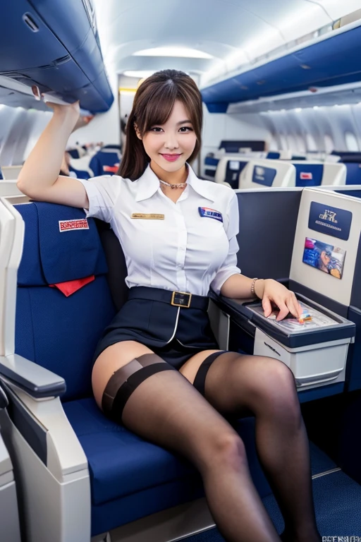 ((masterpiece、highest quality))、Detailed face、Sexy beautiful woman、(Stewardess Uniform:1.2)、Big Breasts、depth、1 girl、Synmatic Lighting、High heels、Sexy Woman、Sexy legs、Pay attention to the beautiful legs、Attractive beautiful legs、セクシーなHigh heels、ルブタンのセクシーなHigh heels、(Business class cabin on airplane:1.2)、She is sitting in a chair with her legs crossed in a sexy position、Healthy legs、Sexy Pantyhose、Thin black pantyhose、garter belt、smile、healthy thighs、Tight ankles、High heelsのつま先まで見える、