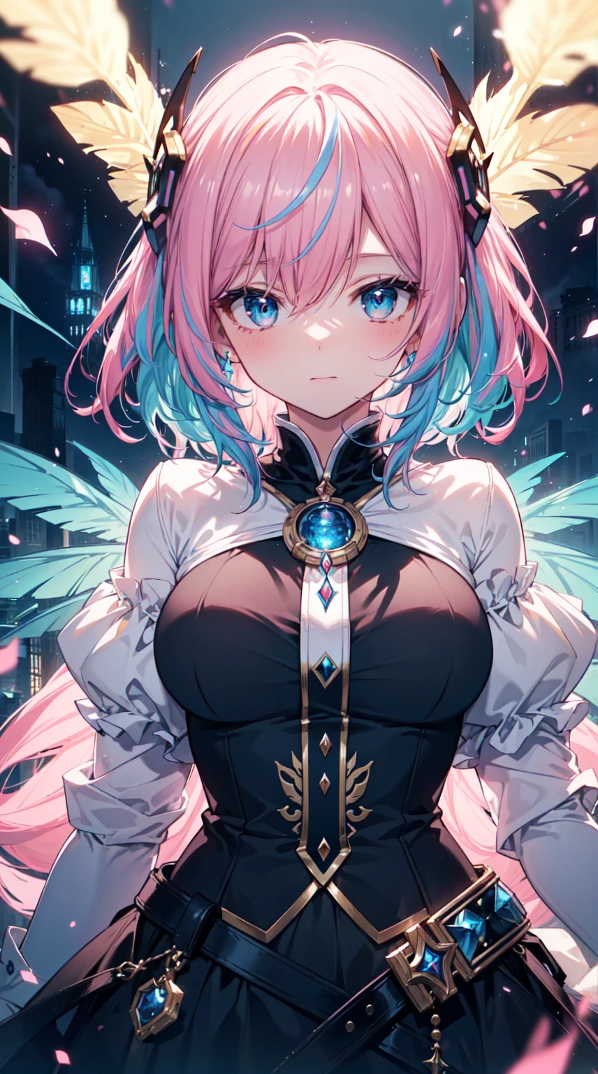 Beautiful pink and blue haired girl, Fantasy magic (tmasterpiece: 1.2), (Best quality at best), 4K, ultra - detailed, (dynamic combination: 1.4), The content is very detailed, Colorful details, (Irridescent color: 1.2), (Bright lights, ambientlighting), like a dream, magical, (Alone: 1.2)