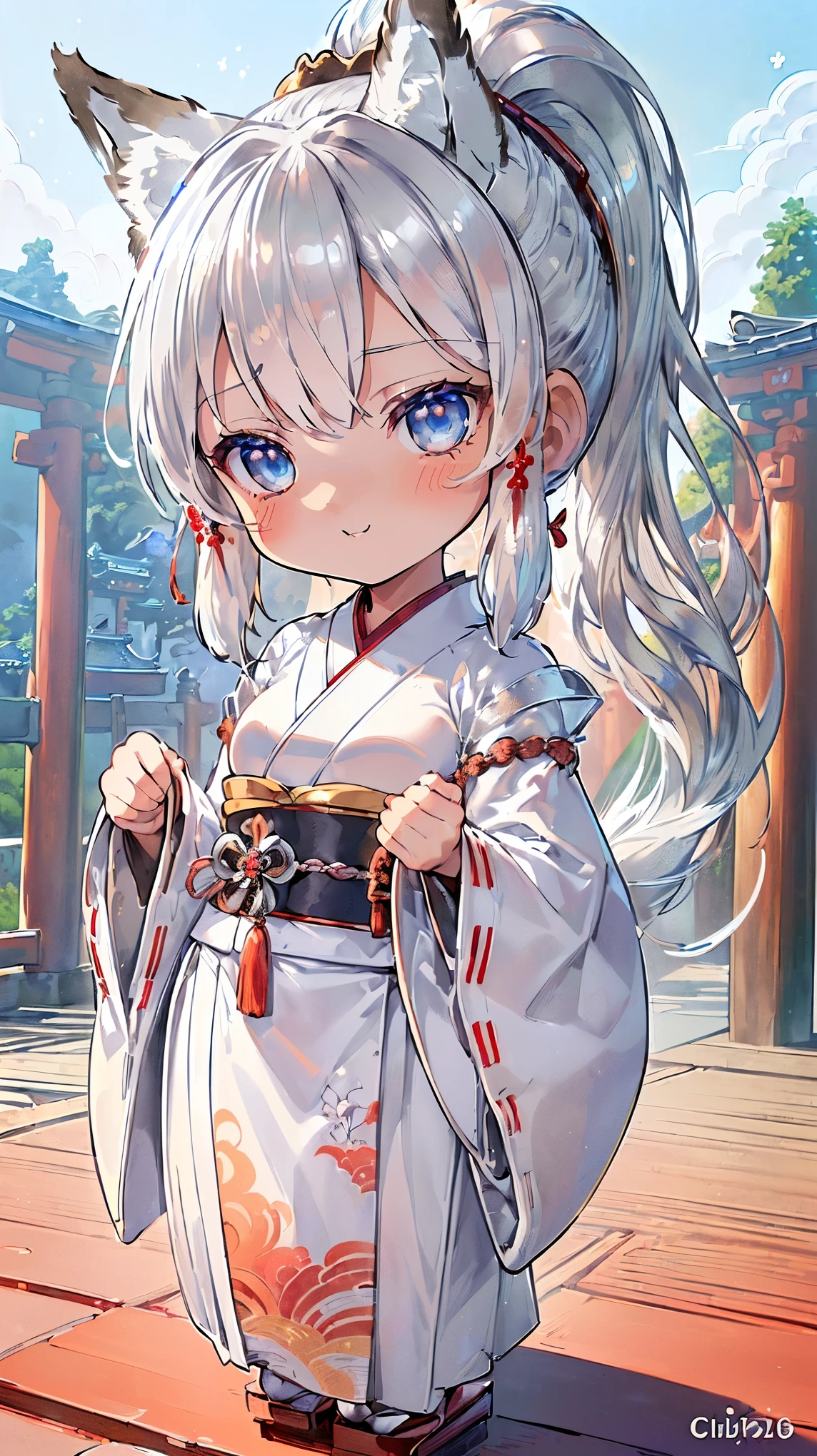 (((Masterpiece))), (((Highest quality))), ((Ultra-detailed)), ((Super fine illustration)), ((Ultra-fine painting)), (16K highest quality wallpaper:1.4), (Chibi:2.0), (Full body:1.6), HDR, (Highly detailed and delicate illustration style:1.8), Detailed skin texture, Detailed cloth texture, Extreme detailed description, (T-masterpiece), (Highly detailed face:1.2), (Highly detailed silver fox ears:1.4), (Highly detailed shiny ponytail:1.2), (Highly detailed beautiful eyes:1.2), Original, RAW photo, Professional, Intricate details, Super details, Direct light:1.6, (Perfect anatomy:1.4), (Highly detailed hands:1.2), (Highly detailed fingers:1.2), (Highly detailed fingertips:1.2), (27-years-old), Real, (Solo:1.6), ((A very beautiful and attractive silver fox model who is a messenger of God and a traditional Japanese sacred shrine maiden:1.4)) BRAKE (Beautiful and adorable silver fox ears:1.8), (Highly detailed and delicate silver fox ears:1.6), (Beautiful and well-shaped big breasts:1.2), (Beautiful and well-shaped buttocks), (Beautiful and shiny silver ponytail:1.6), (Highly detailed and delicate silver ponytail:1.2), (Beautiful clear blue eyes that shine with great detail:1.6), (Highly detailed and delicate blue eyes:1.2), (Highly detailed face:1.4), (Smile:1.3), (Blush:1.2), (Looking at viewer:1.4), (Celebration:1.4), (Standing:1.2) BRAKE ((Brightly white and red colored) and divine traditional shrine maiden costumes at Japanese shrines:1.4), (Japanese divine traditional costume:1.2) BRAKE (Highly detailed and beautiful Ise Grand Shrine in Mie Prefecture just after noon in spring in the background:1.6), (Celebration:1.4), Highly beautiful in the sunny sky background just after noon:1.2 BRAKE