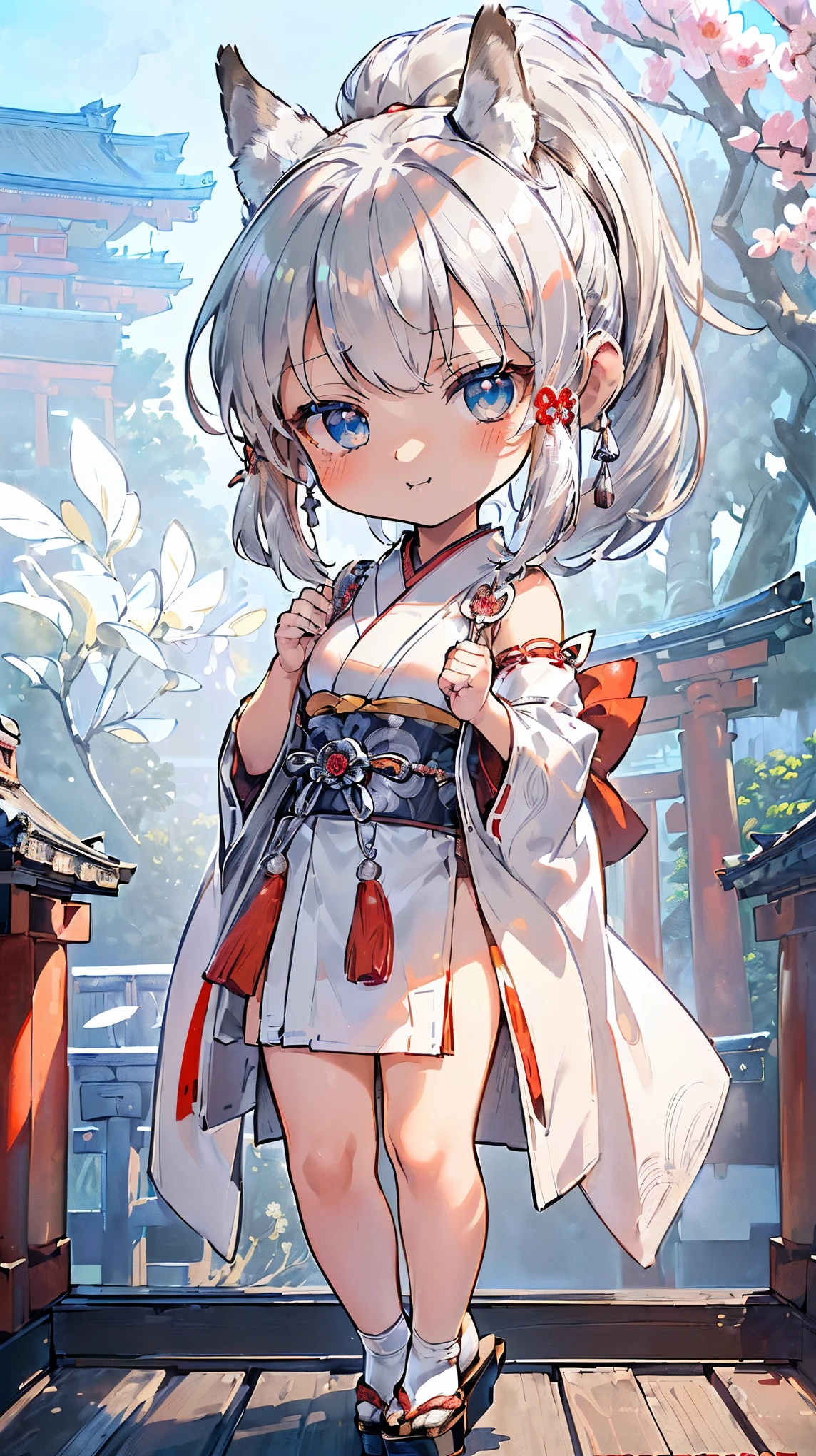 (((Masterpiece))), (((Highest quality))), ((Ultra-detailed)), ((Super fine illustration)), ((Ultra-fine painting)), (16K highest quality wallpaper:1.4), (Chibi:2.0), (Full body:1.6), HDR, (Highly detailed and delicate illustration style:1.8), Detailed skin texture, Detailed cloth texture, Extreme detailed description, (T-masterpiece), (Highly detailed face:1.2), (Highly detailed silver fox ears:1.4), (Highly detailed shiny ponytail:1.2), (Highly detailed beautiful eyes:1.2), Original, RAW photo, Professional, Intricate details, Super details, Direct light:1.6, (Perfect anatomy:1.4), (Highly detailed hands:1.2), (Highly detailed fingers:1.2), (Highly detailed fingertips:1.2), (27-years-old), Real, (Solo:1.6), ((A very beautiful and attractive silver fox model who is a messenger of God and a traditional Japanese sacred shrine maiden:1.4)) BRAKE (Beautiful and adorable silver fox ears:1.8), (Highly detailed and delicate silver fox ears:1.6), (Beautiful and well-shaped big breasts:1.2), (Beautiful and well-shaped buttocks), (Beautiful and shiny silver ponytail:1.6), (Highly detailed and delicate silver ponytail:1.2), (Beautiful clear blue eyes that shine with great detail:1.6), (Highly detailed and delicate blue eyes:1.2), (Highly detailed face:1.4), (Smile:1.3), (Blush:1.2), (Looking at viewer:1.4), (Celebration:1.4), (Standing:1.2) BRAKE ((Brightly white and red colored) and divine traditional shrine maiden costumes at Japanese shrines:1.4), (Japanese divine traditional costume:1.2) BRAKE (Highly detailed and beautiful Ise Grand Shrine in Mie Prefecture just after noon in spring in the background:1.6), (Celebration:1.4), Highly beautiful in the sunny sky background just after noon:1.2 BRAKE 