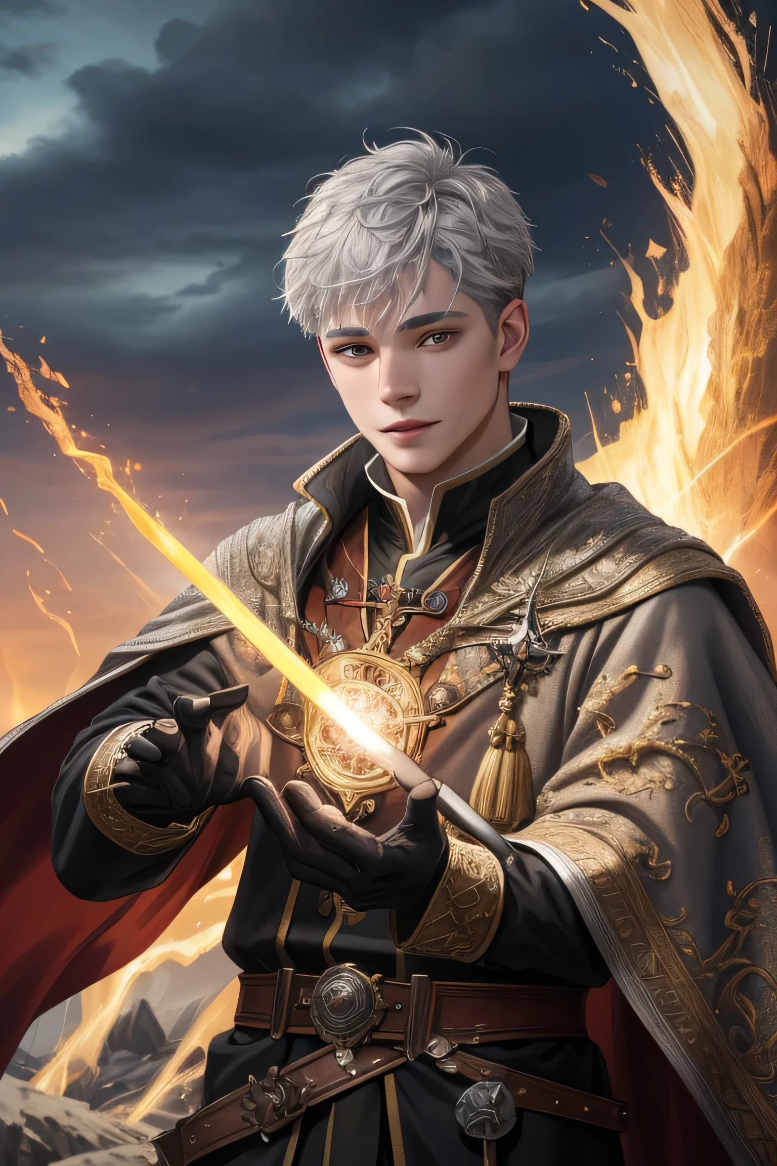 (Absurdres, Intricate Details, Masterpiece, Best Quality, High Resolution, 8k), 1 male, masculine, young, aged up, dreadful, finely detailed eyes and face, gray short back and sides hair, black eyes, portrait, looking at viewer, solo, (full body:0.6), detailed background, (RootsBranchesAI theme:1.1) glowing eyes, gentle smile, high fantasy, cleric, casting healing spell, hovering in air, sunshine, color cape, gloves, magic wand, divine spell, mana, bright realistic lighting, rocky Mountain in background, magic spell atmosphere, fire magic, magic fire, casting spell magic, tiara of light hovering above head, , Depth of Field, VFX.