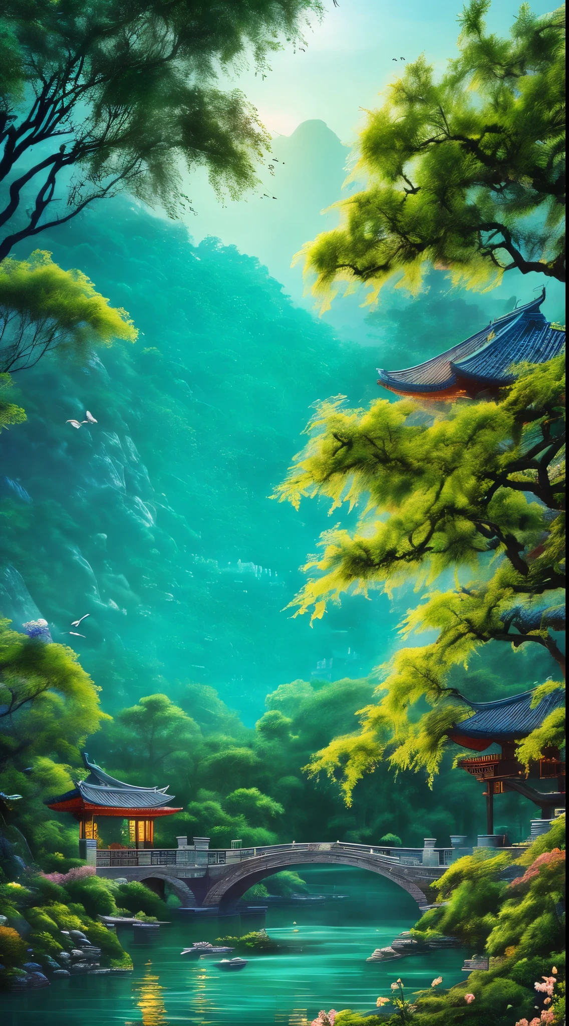 At dusk, Green tree々, Willows are flying, Surrounded by the blue sea, Small bridge and flowing water, Antique Colors, Floral scent, Warm as jade, Birds singing and flowers, Water Town Paintings, slowly, Actual photo shoot, 16K resolution
